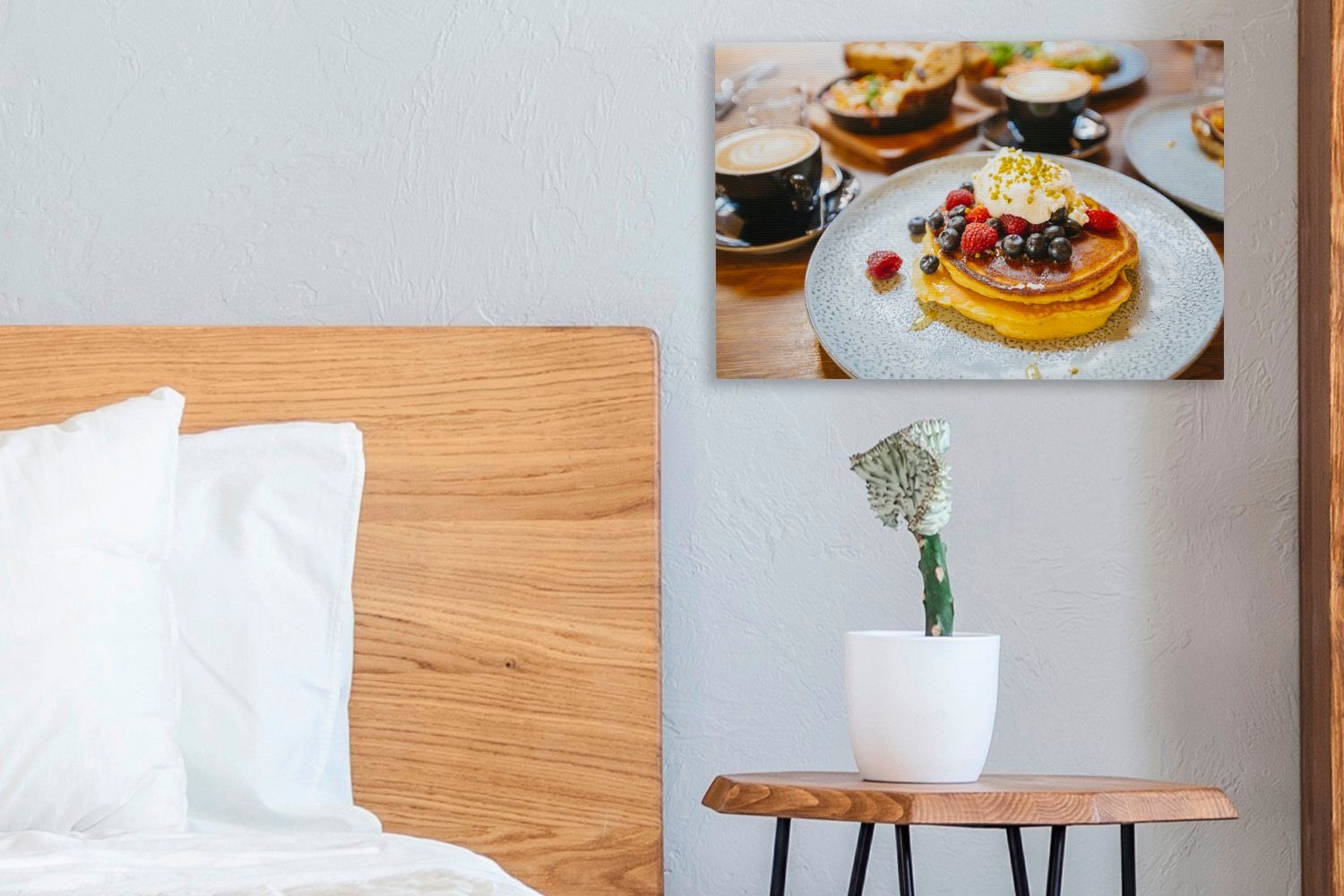 Leinwandbilder, Leinwandbild Wanddeko, OneMillionCanvasses® Entspanntes (1 St), 30x20 Wandbild mit Pfannkuchen, cm Aufhängefertig, Frühstück