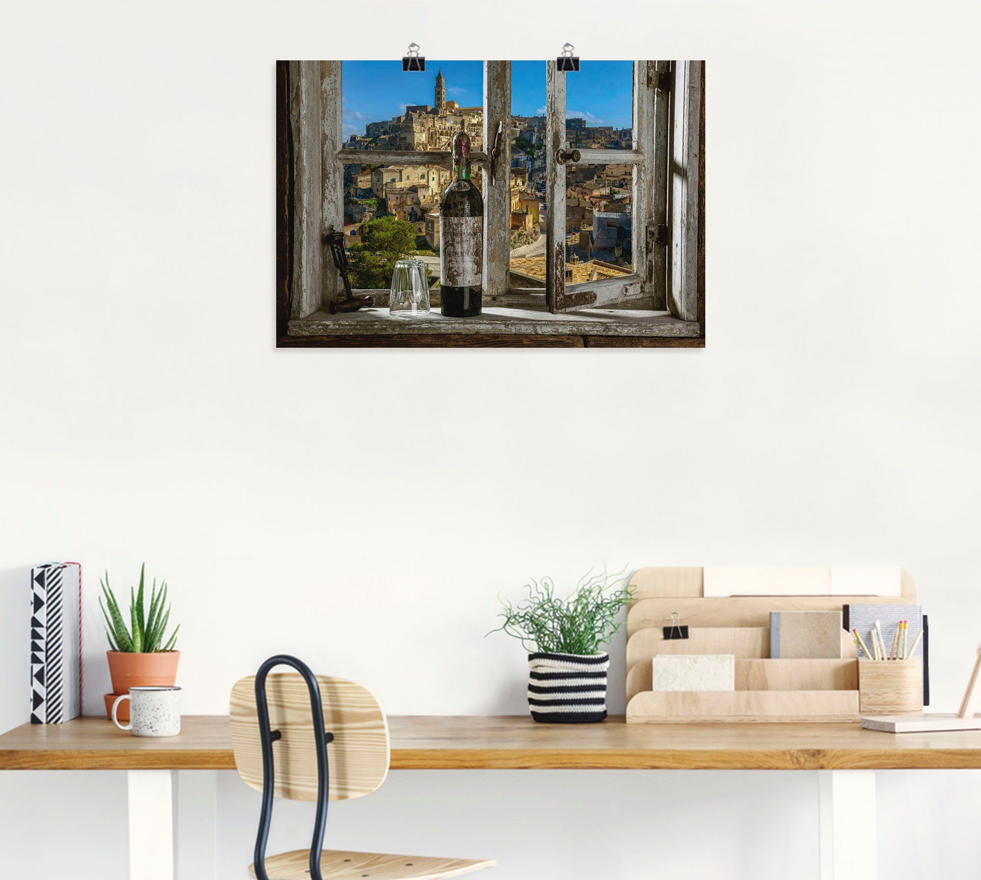 versch. Größen Wandaufkleber Poster & dem als Wandbild Artland St), Italien, Leinwandbild, aus Fenster Fenster Blick Türen in Matera, Alubild, (1 oder