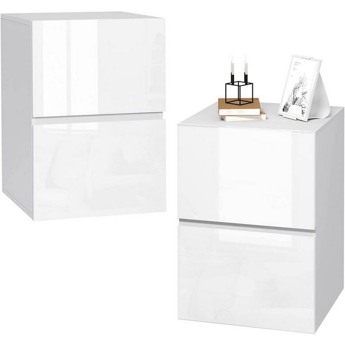 EUGAD Nachttisch (2-St) mit 2 Schubladen in Hochglanz 40x58x40 cm weiß