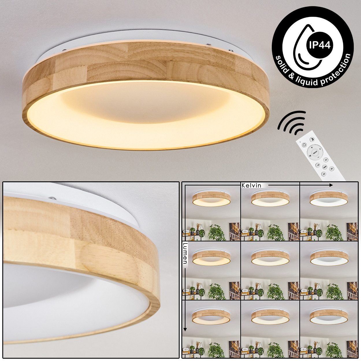 hofstein Deckenleuchte dimmbare Deckenleuchte aus Holz/Metall/Kunststoff in Natur/Weiß, LED wechselbar, 2700-6500 Kelvin, dimmbar über Fernbedienung, LED, (30cm), auch für Badezimmer, IP44