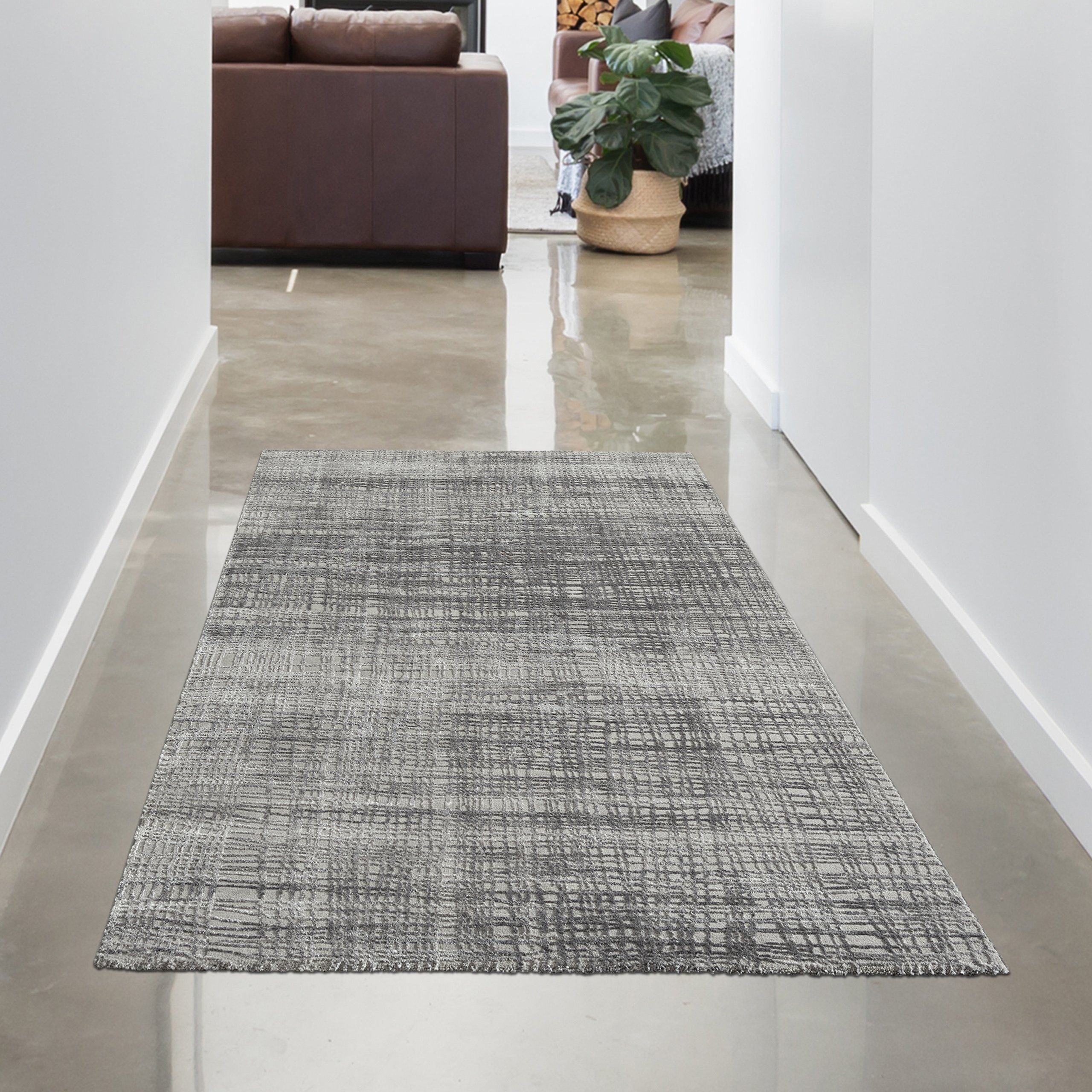 Teppich Designertepich mit Netz Karomuster glänzend in silber grau,  Carpetia, rechteckig, Höhe: 12 mm