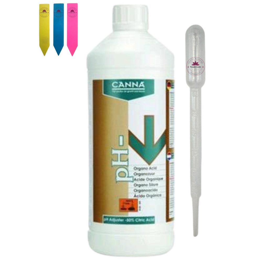 Canna Blumendünger PH-SENKER BIO / ZITRONENSÄURE - 1L, Canna pH-Senker mit Dosierpipette & Pflanzenschildern, Organischer pH-Senker auf Zitronensäurebasis