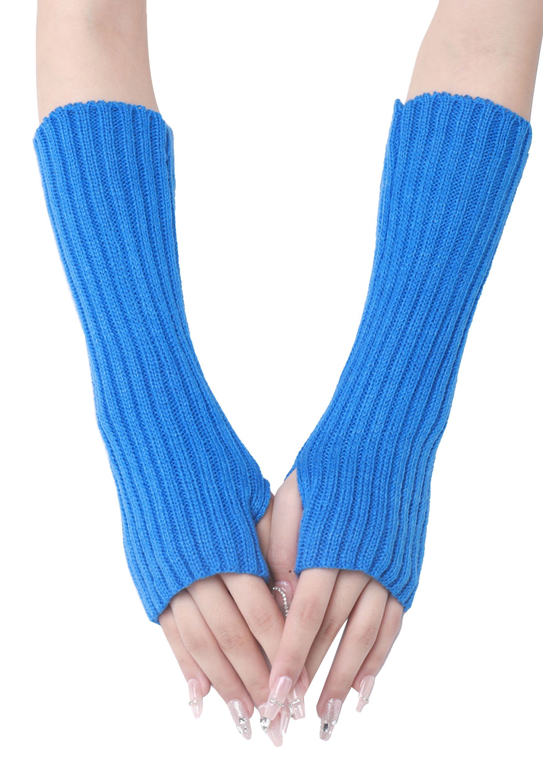MAGICSHE Strickhandschuhe Lange Fingerlose Armwärmer Daumenloch Dehnbare Handschuhe für Frauen Blau