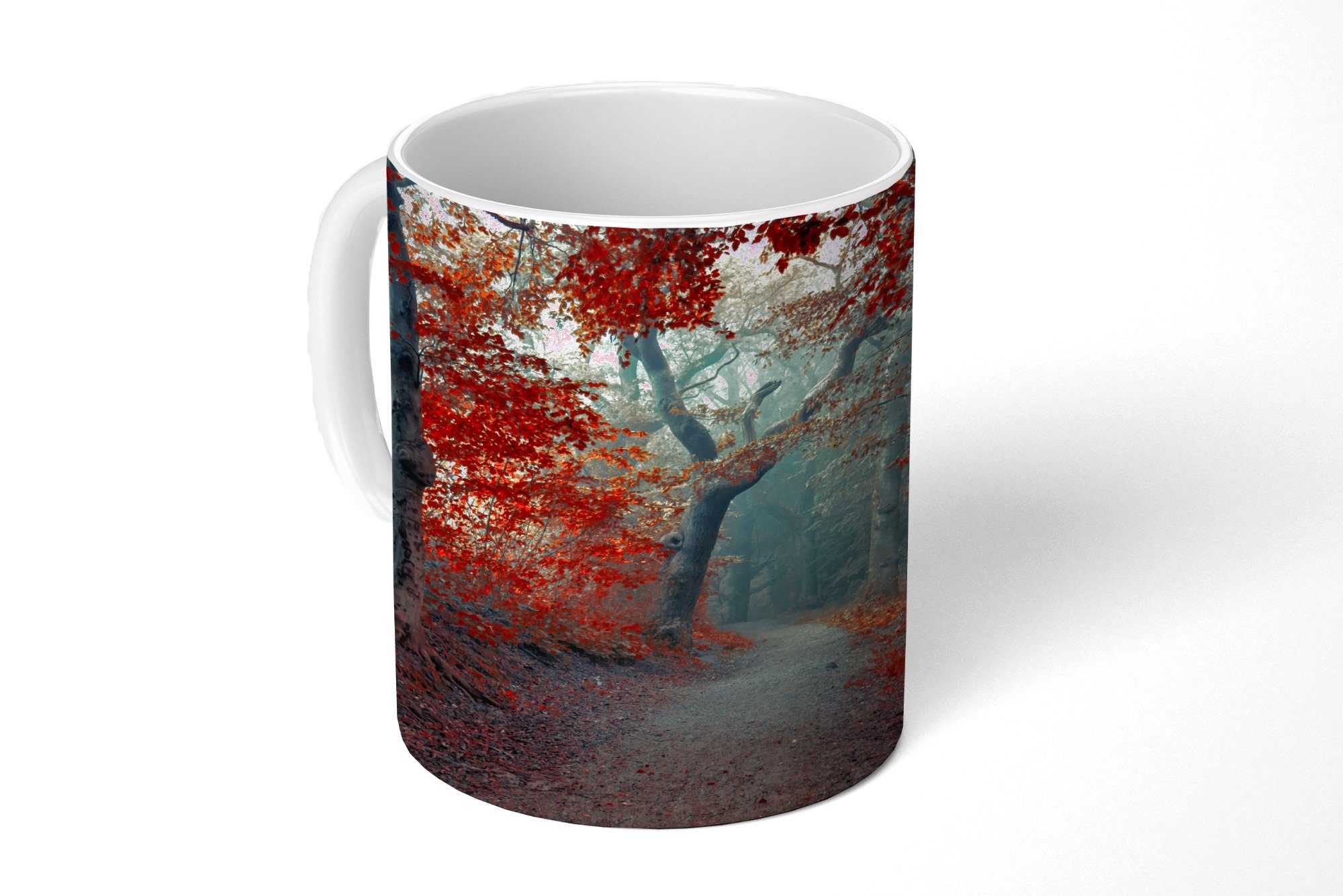 MuchoWow Tasse Waldweg - Bäume - Weg durch den Wald - Herbst, Keramik, Kaffeetassen, Teetasse, Becher, Teetasse, Geschenk