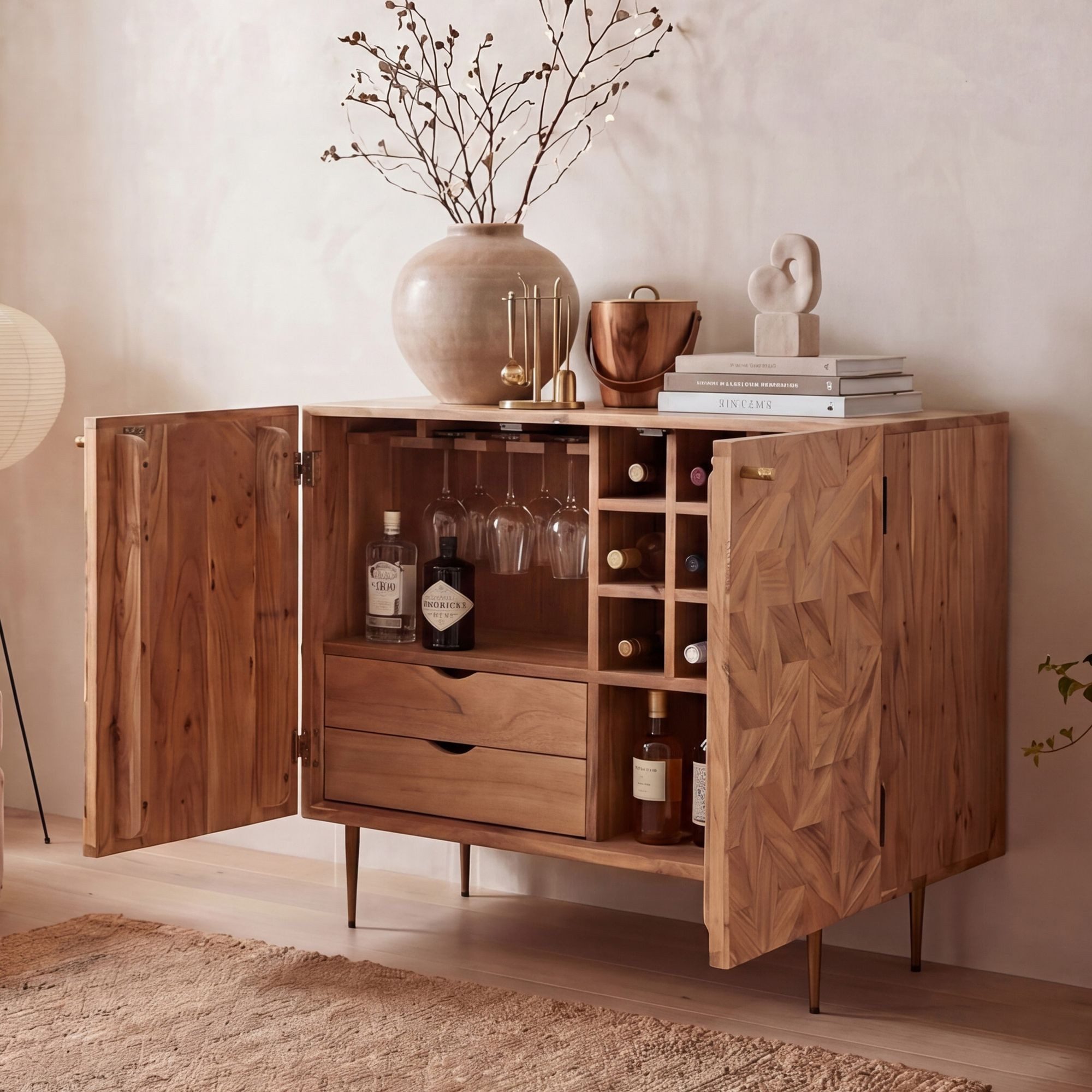 FINEBUY Barschrank FB117746 Massivholz 90cm Bar Weinschrank Design Hausbar Handmade (Eleganter Weinschrank aus massivem Akazienholz) Mit praktischem Weinregal und Glashalterungen