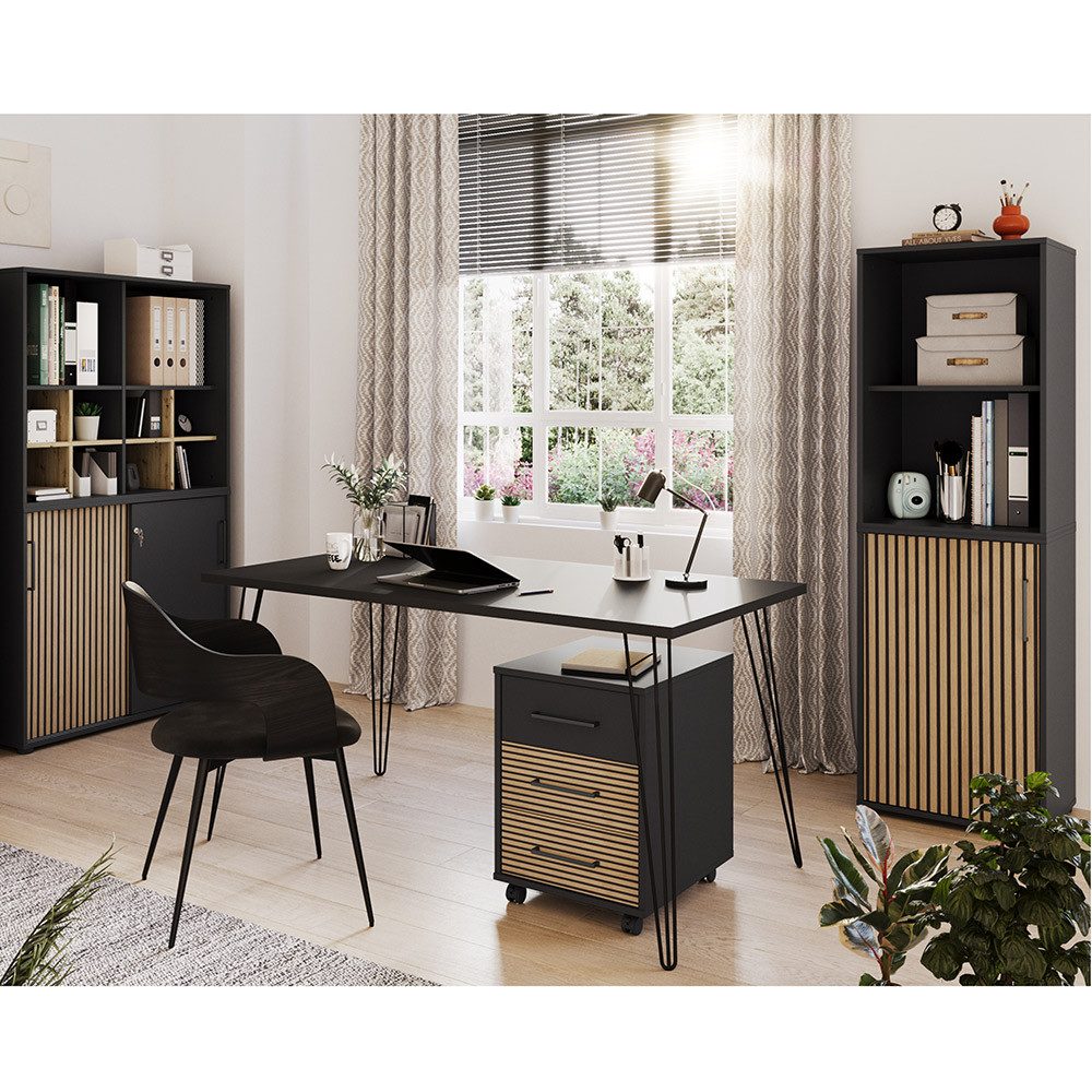 Lomadox Büromöbel-Set HUNTSVILLE-80, (Spar-Set, 4-tlg., Schreibtisch Rollcontainer Regale Aktenschränke Regaleinsätze), Büroeinrichtung Büroausstattung modern schwarz Akustikpaneel-Optik