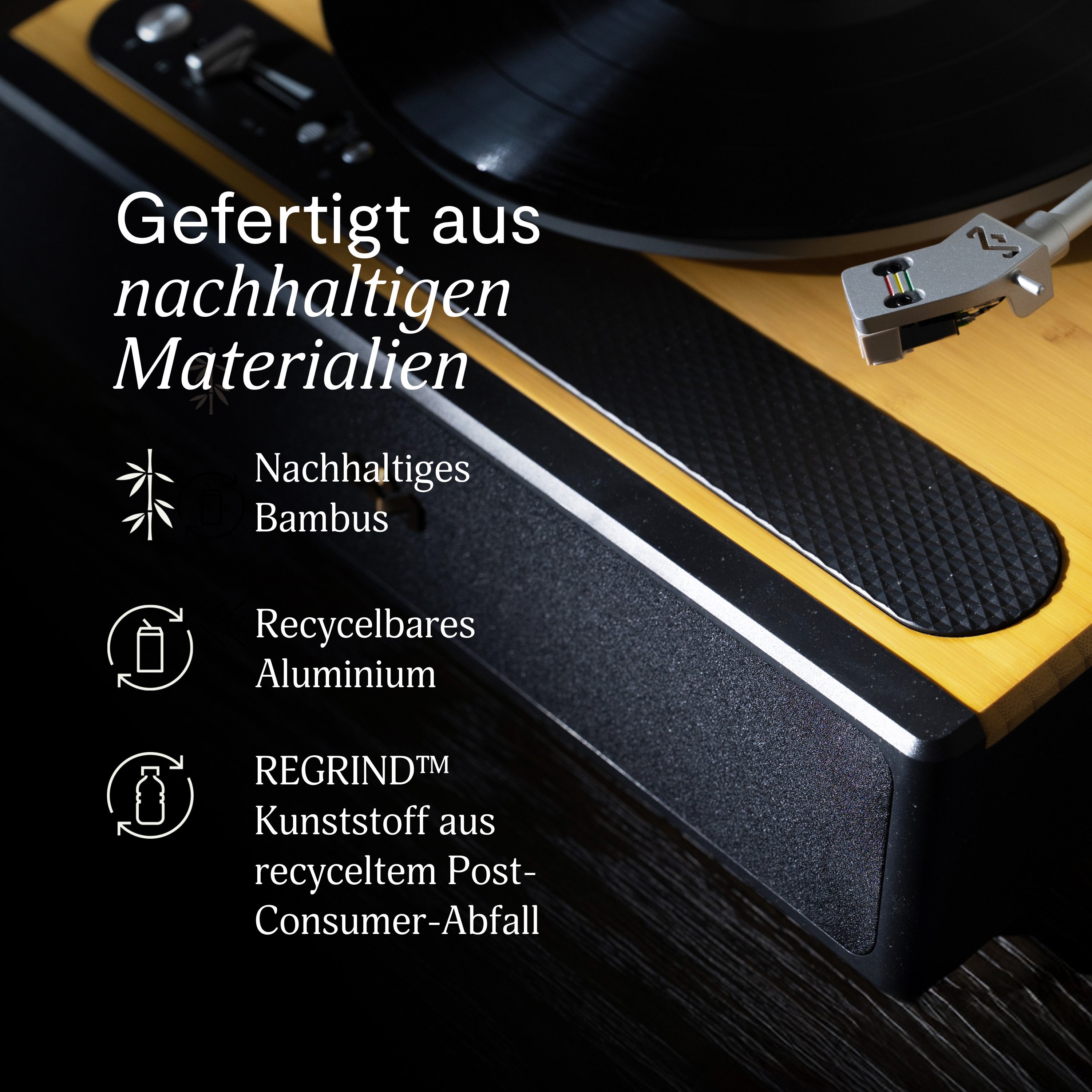 House of Marley EM-JT401-SB Soul Rebel mit integrierten Stereo-Lautsprechern Turntable Plattenspieler (Riemenantrieb, Bluetooth®, 2 × 10 W Lautsprecher, Audio-Technica AT3600L Tonabnehmer)