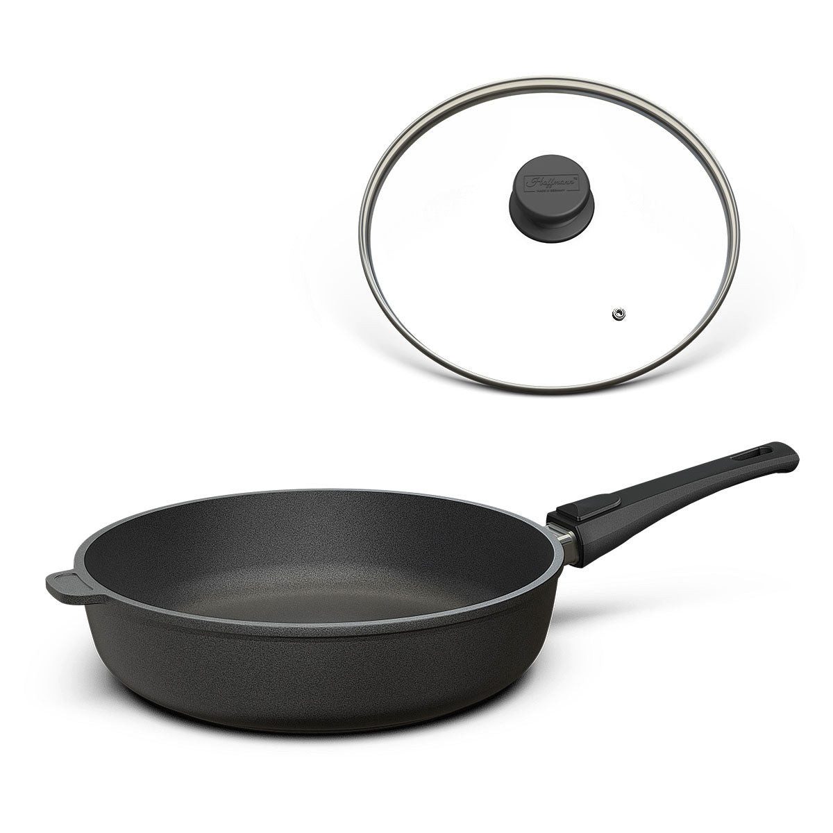 Hoffmann Germany Bratpfanne Schmorpfanne Ø 24 cm hoher Rand mit Deckel – Made in Germany, Aluguss (Set, 2-tlg., 1x Pfanne Ø 24 cm mit hohem Rand + 1x Glasdeckel), abnehmbarer Griff, Antihaft, backofenfest bis 250°C, Induktion
