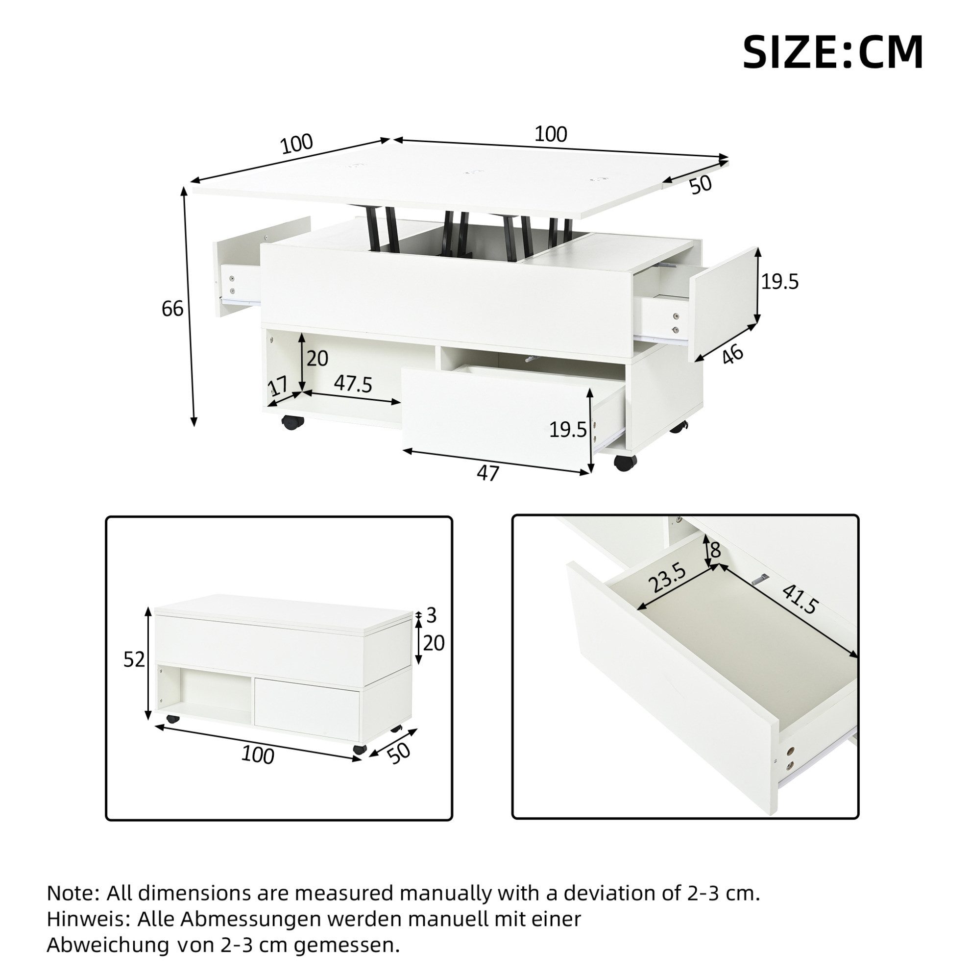REDOM Couchtisch Design-Tisch – 3-in-1, höhenverstellbar & 4 Schubladen (Packung, 1-St., Weiß, 100×50×52 cm, für moderne Räume), hydraulische Hebefunktion, Rollen, versteckter Stauraum