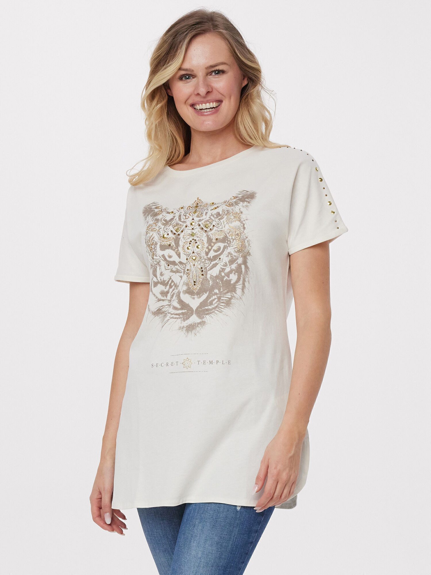 Sarah Kern Langarmshirt Kurzarmshirt Figurumspielend mit auffälligem Tiger- günstig online kaufen