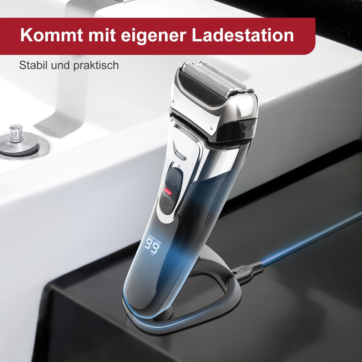 Ladestation Schersystem, 7Magic Rasierer Akkubetrieb 3-Fach mit Elektrorasierer, Nass Trocken USB