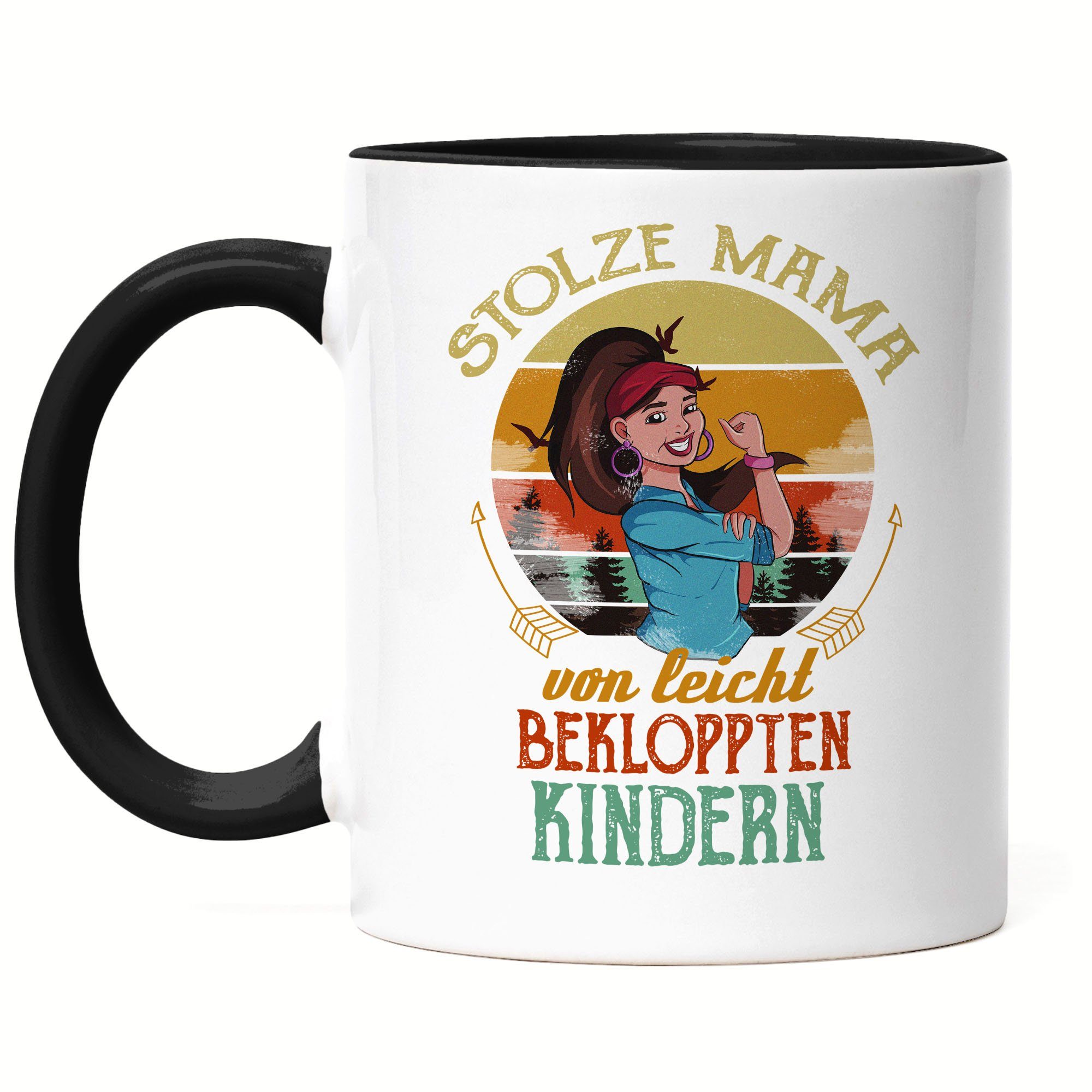 Hey!Print Tasse Stolze Mama von leicht bekloppten Kindern Tasse Lustig Mutter Muttertag Spruch Geschenk Mama Mami Schwarz
