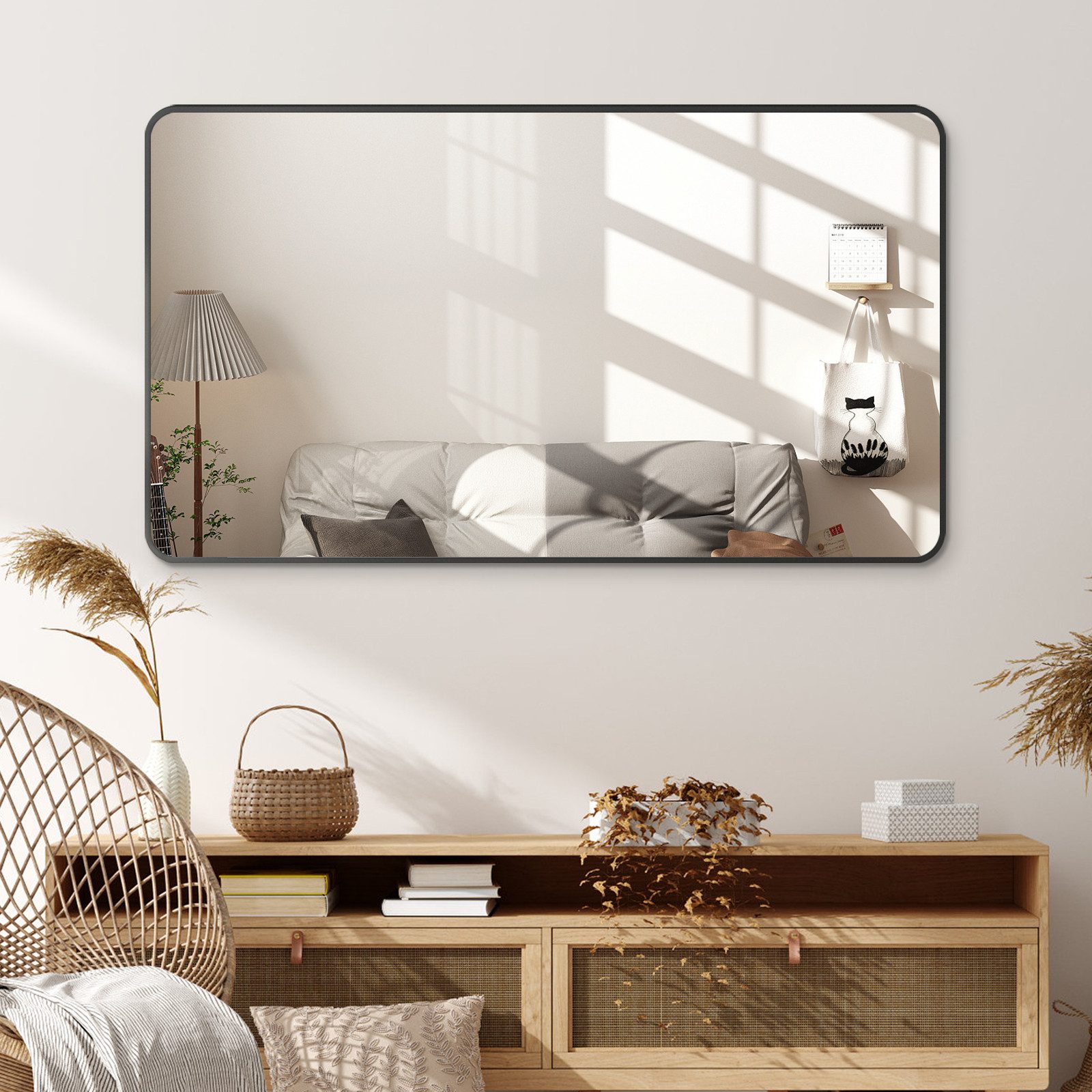 Hopibath Wandspiegel groß 120x70 Spiegel Flur mit Alurahmen (Flurspiegel Badspiegel, Rechteckig), 5mm HD Glas, 4 Installationsmethoden