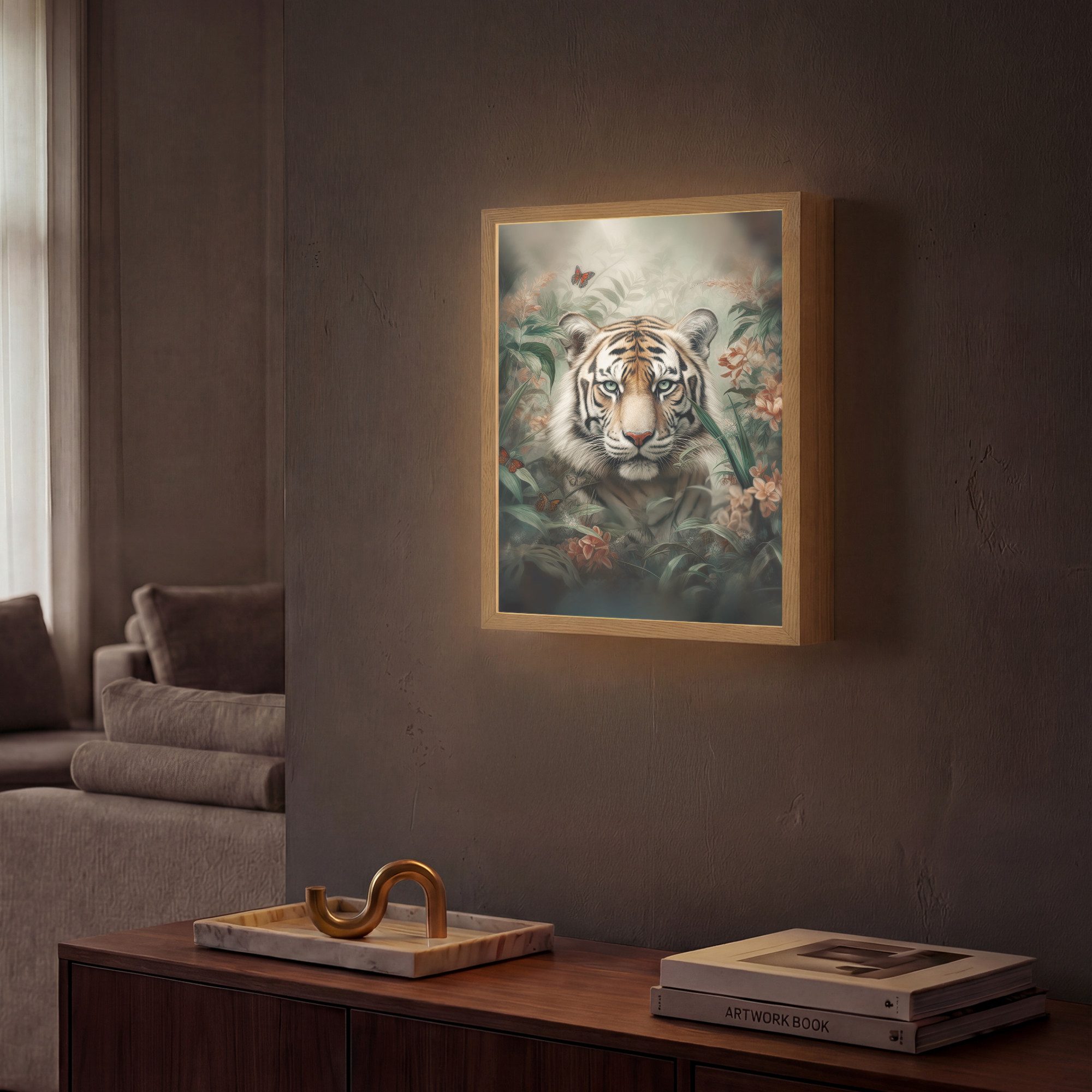 OnlyWow Wandleuchte Lightbox Tiger - Schmetterlinge - Tiere - Dschungel - Blumen, Dimmbar, Farbwechsel, LED, Warmweiß, Kaltweiß, Neutralweiß Einstellbar, Wandlampe Innen, Dimmbar, Aufladbarer USB Akku, LED, Beleuchtung