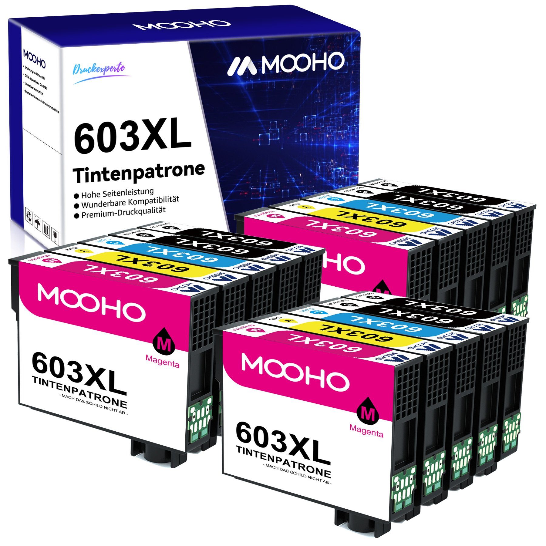 Schwarz, 603 Magenta, WF-2830 WF-2810 3x 603XL XL EPSON (15er-pack) ersetzt Gelb WF-2850 3x Cyan, MOOHO 6x 3x für Tintenpatrone