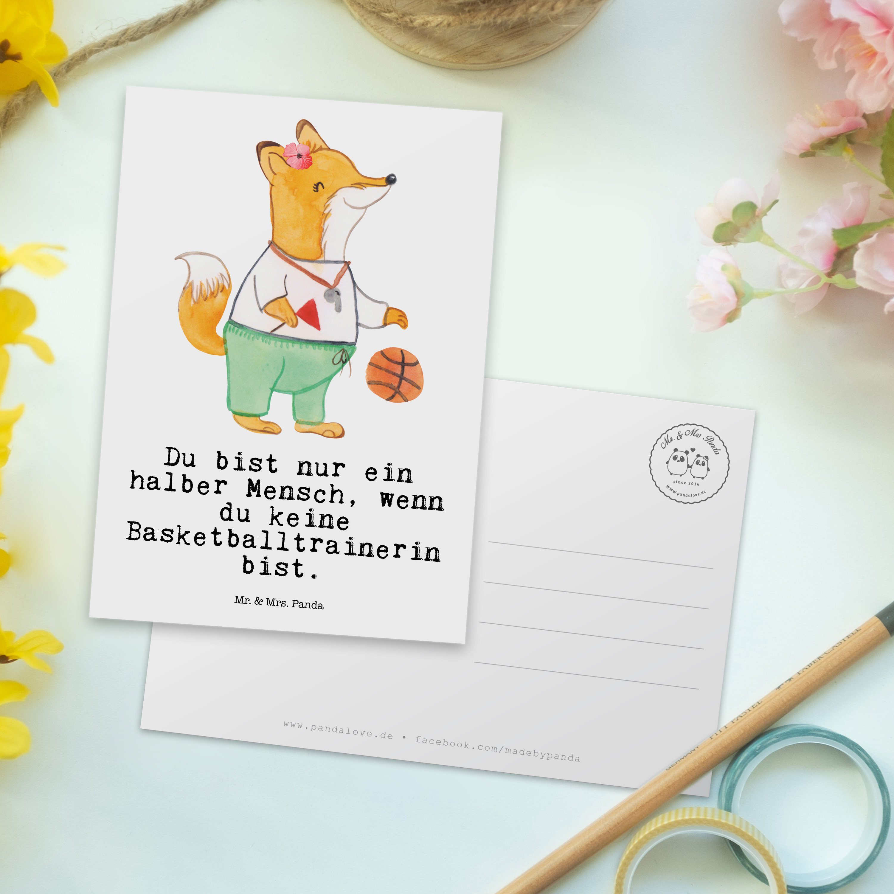 Geburtstagskarte, - Mrs. Weiß Mr. Panda & Geschenk, Herz Postkarte - mit Basketballtrainerin Bas