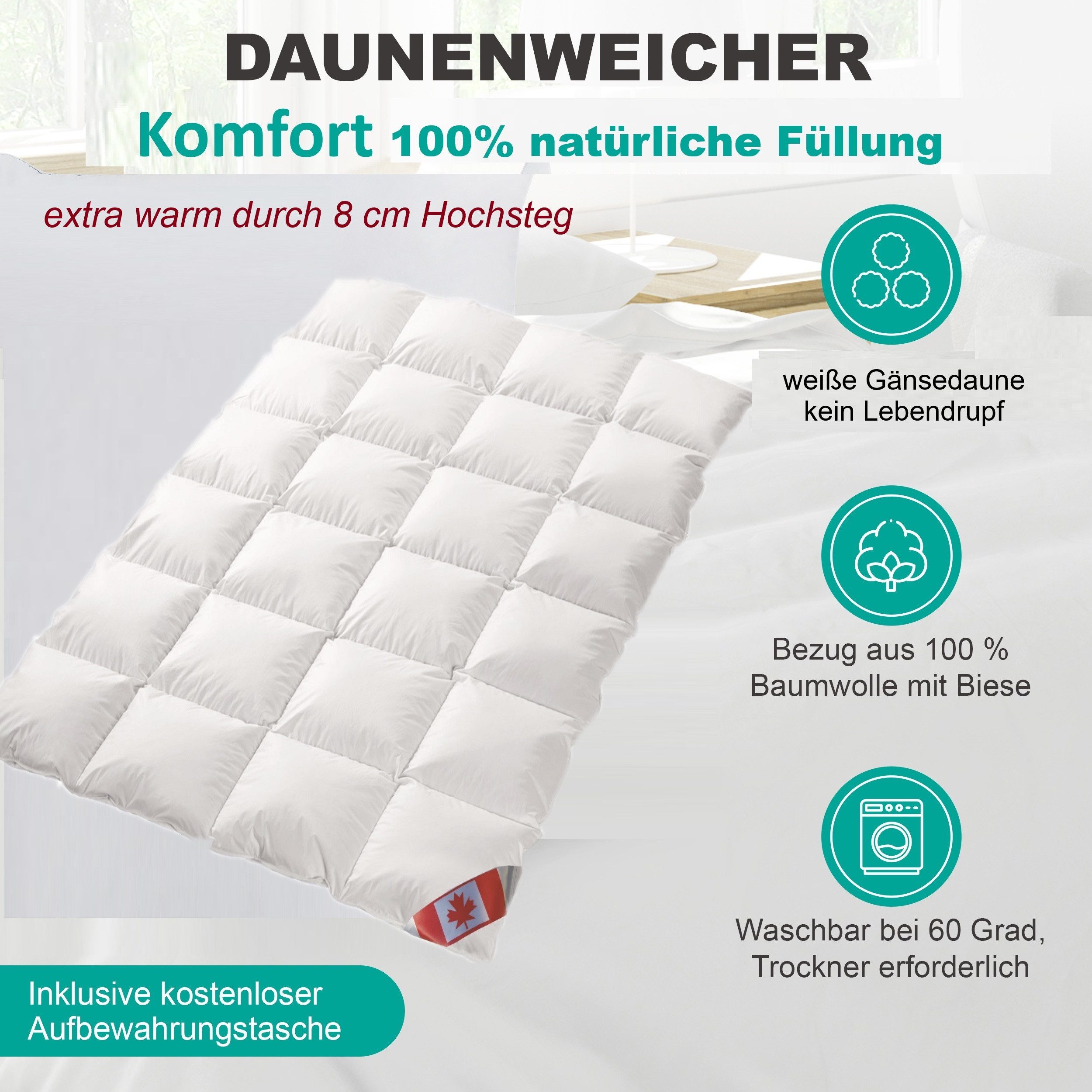 Canada Daunenbettdecke Polaris Premium Winterdecke 8 cm Hochsteg extra warm, Füllung: canadische weiße Gänsedaune, hergestellt in Deutschland, Lieferung direkt  – Bild 2 von 5