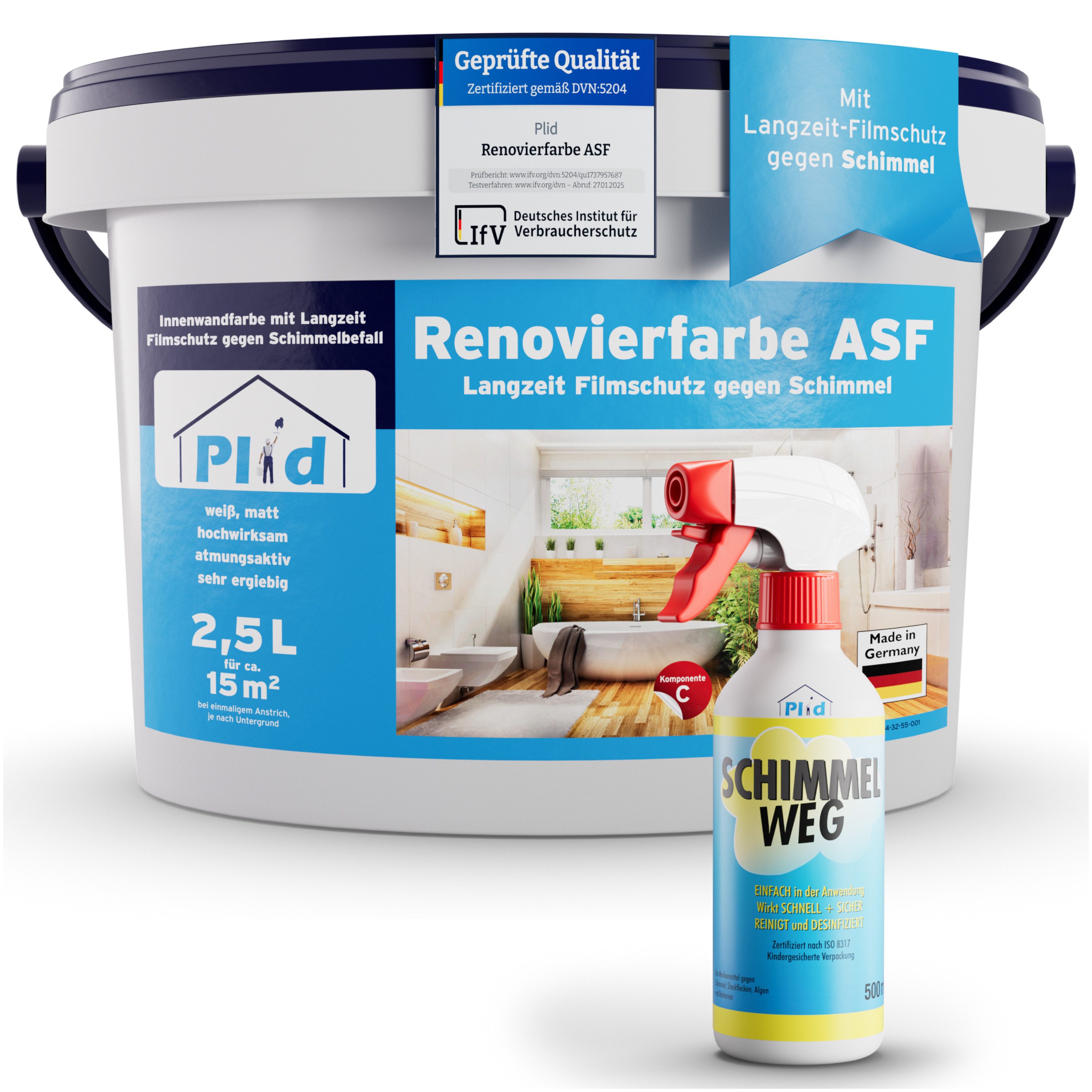 plid Wandfarbe Renovierfarbe ASF Weiß, 2,5l für ca. 15m² alle Wände, Schimmelschutzfarbe Hohe Deckkraft