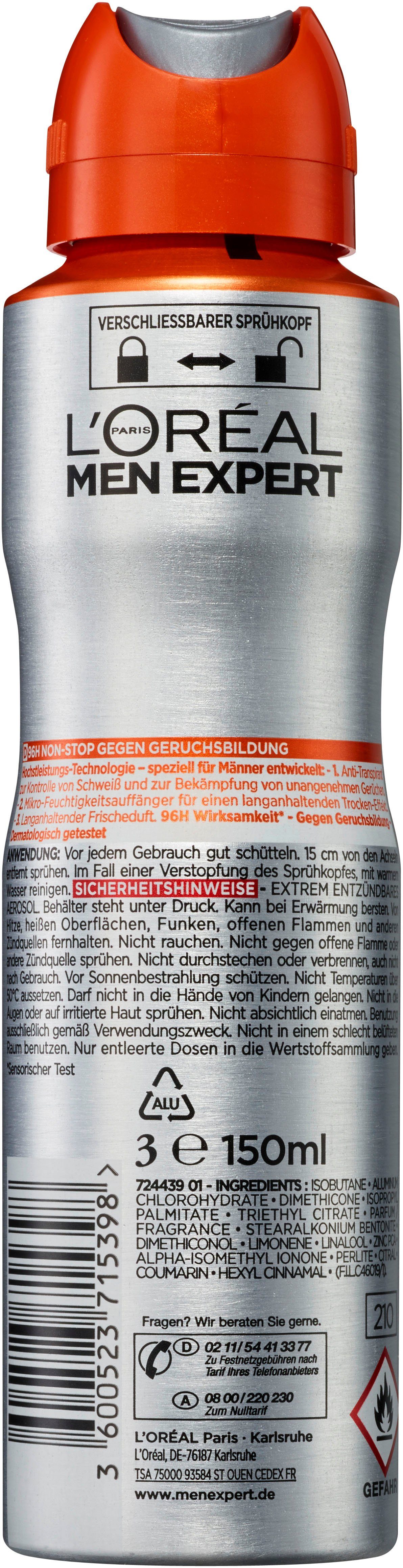 L'ORÉAL PARIS MEN EXPERT Deo-Spray Deo Spray Invincible Man 96h, Packung, 6-tlg., mit hoher Zuverlässigkeit