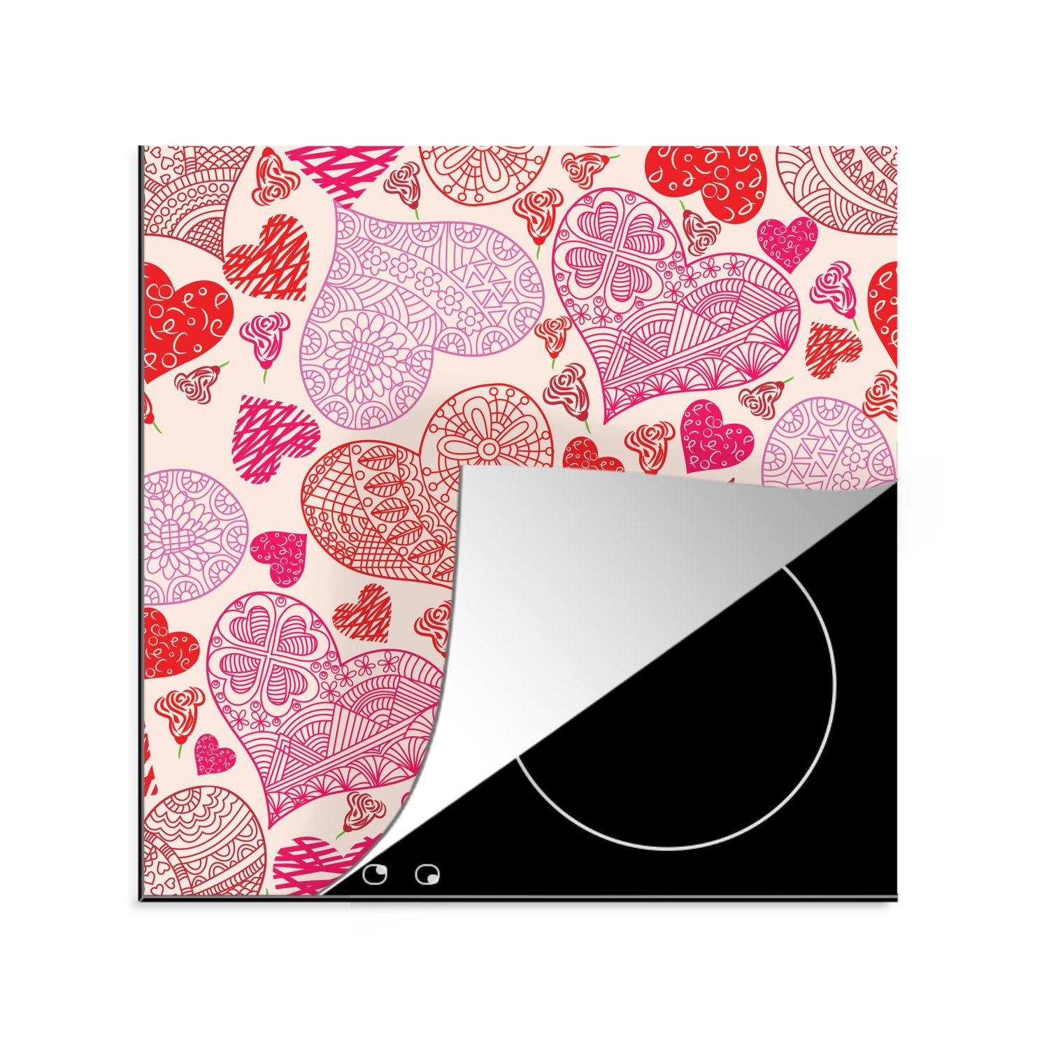 MuchoWow Herdblende-/Abdeckplatte Eine Illustration mit rosa und roten Herzen, Vinyl, (1 tlg), 78x78 cm, Ceranfeldabdeckung, Arbeitsplatte für küche