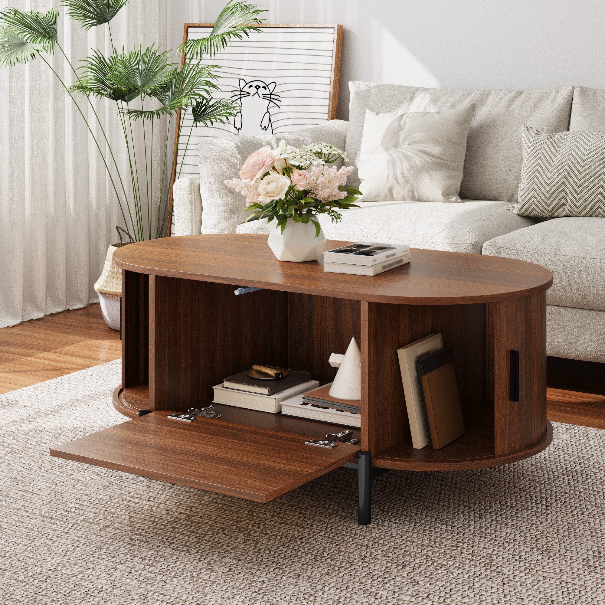 MODFU Couchtisch 100x40x50 cm Rattan-Couchtisch in Ovalform mit Schiebetüren (Packung, 1-St., Holzoptik & Metallbeine, vielseitig nutzbar), Praktischer Wohnzimmertisch mit verstecktem Stauraum
