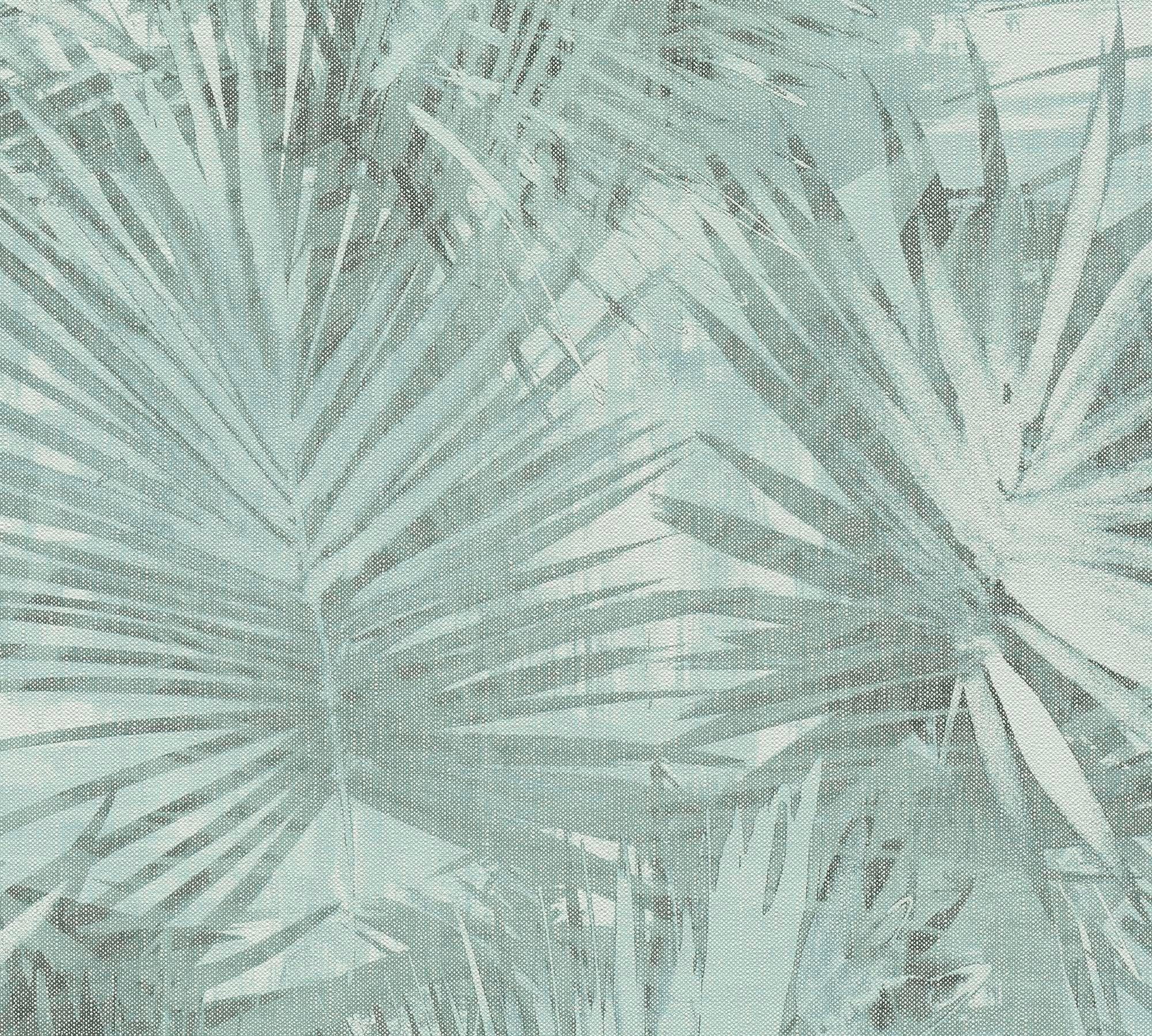 tropisch, strukturiert, Palmentapete strukturiert (1 Dschungeltapete Création Vliestapete Grün St), Palmentapete, 2 A.S. Grün,Blau matt, Attractive Creme
