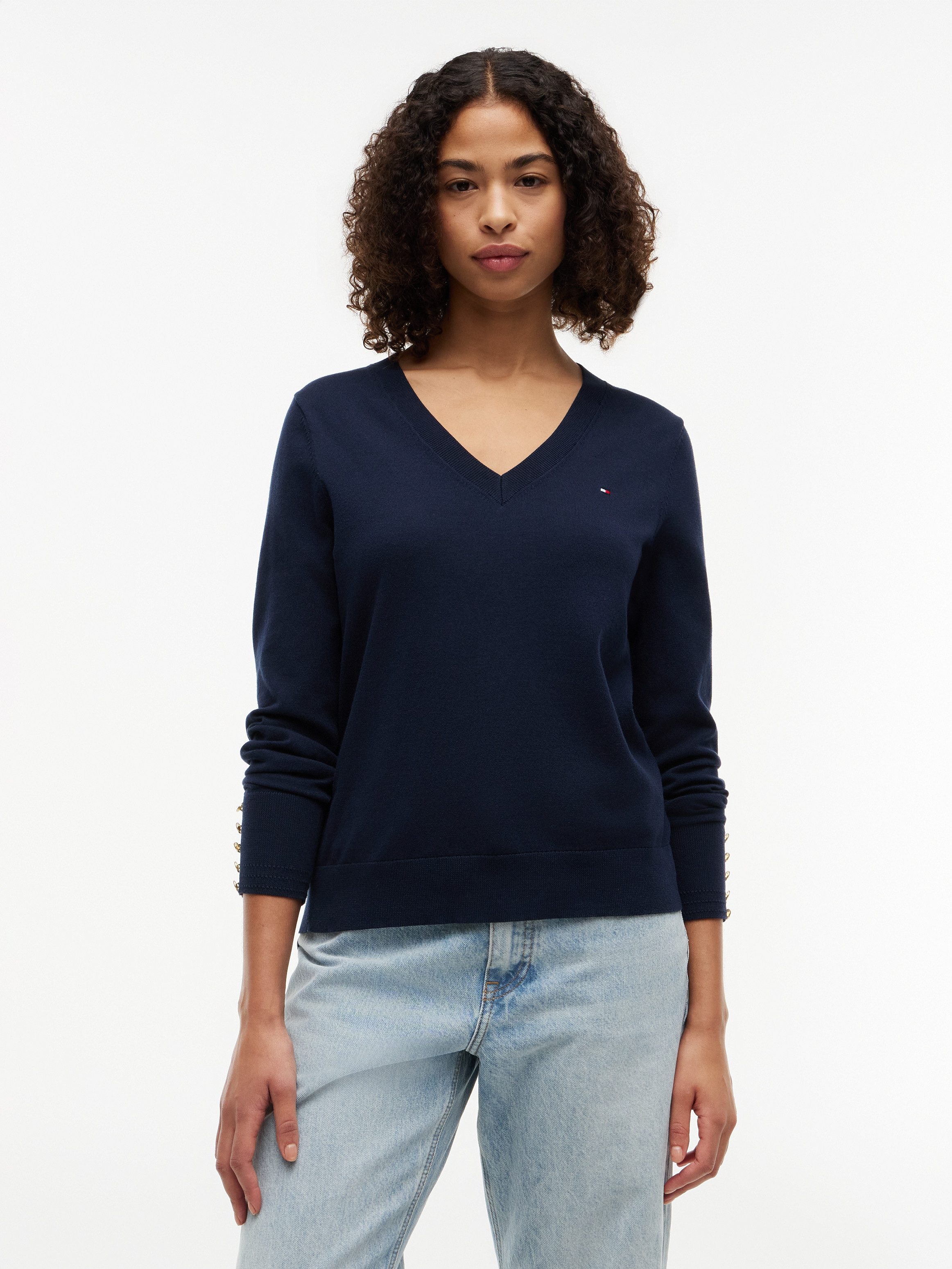 Tommy Hilfiger Strickpullover STITCH V-NECK mit Knopfdetail am Ärmel, Regular Fit