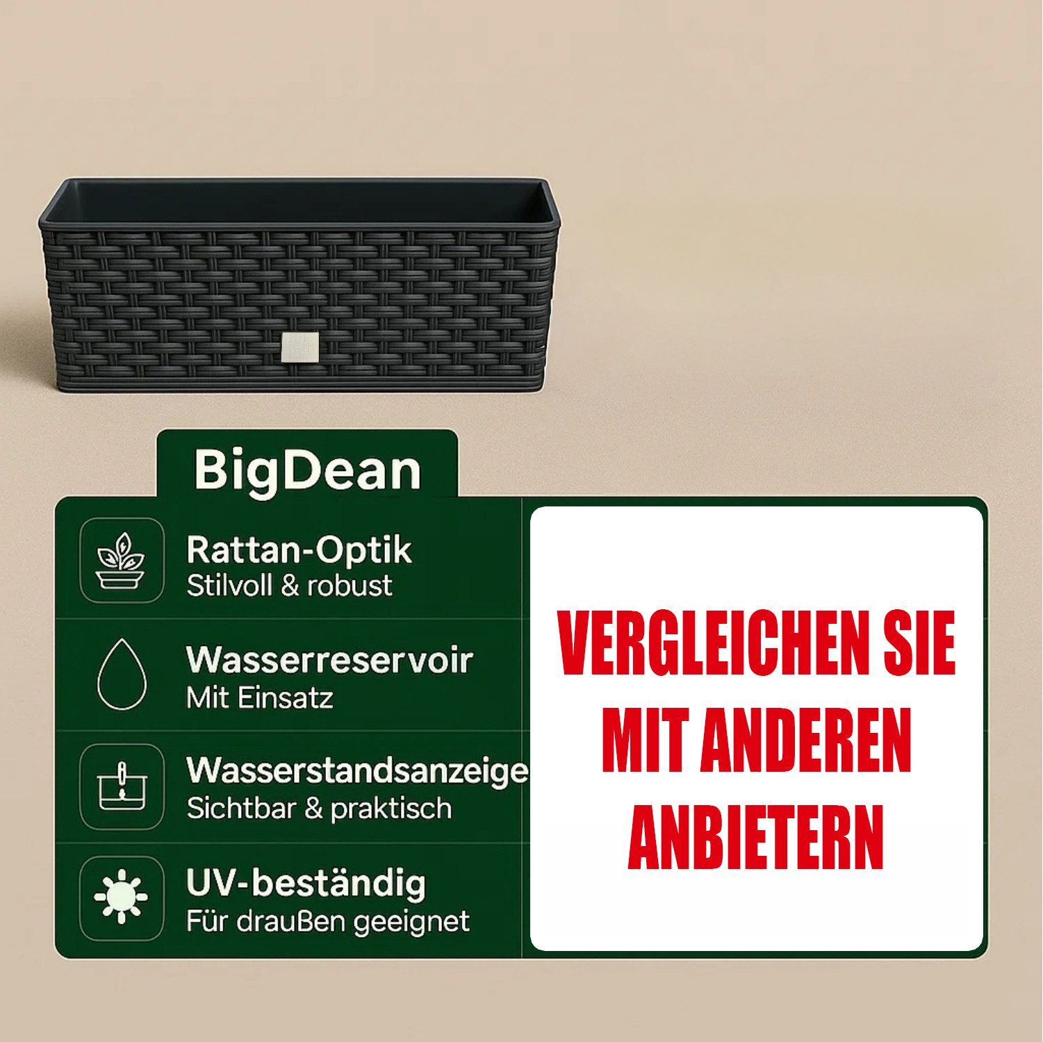 BigDean Blumenkasten 2X Blumenkasten mit Wasserspeicher Rattanoptik anthrazit 51x18x18 (Set, 2 St., Pflanzkästen), Blumenkasten mit Bewässerungssystem, Robust,  – Bild 5 von 5