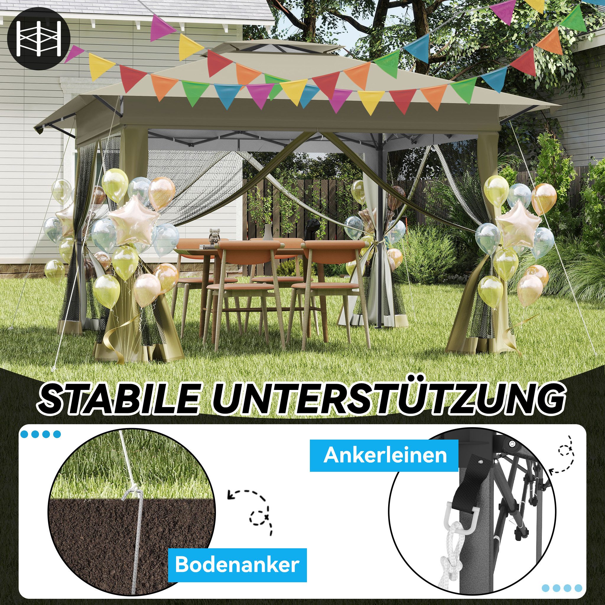 FIVMEN Partyzelt Gartenpavillon Pop Up Pavillon 3.6x3.6m, 3-Stufen Höhenverstellbar