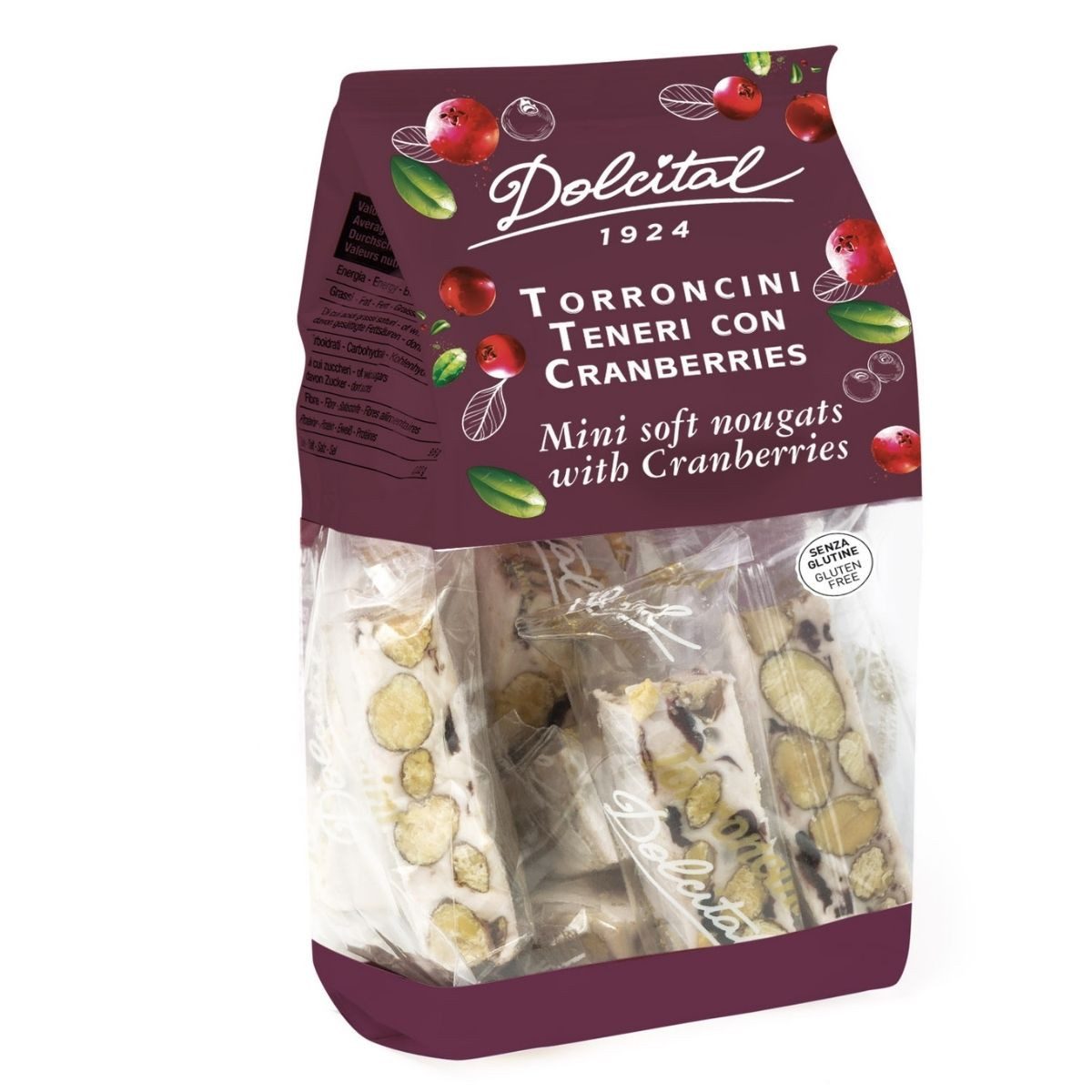 Dolcital Süßigkeit Torroncini Teneri mit Mandeln und Cranberries, weicher weißer Nougat, 130 g, weißer weicher Nougat, einzeln Verpackt