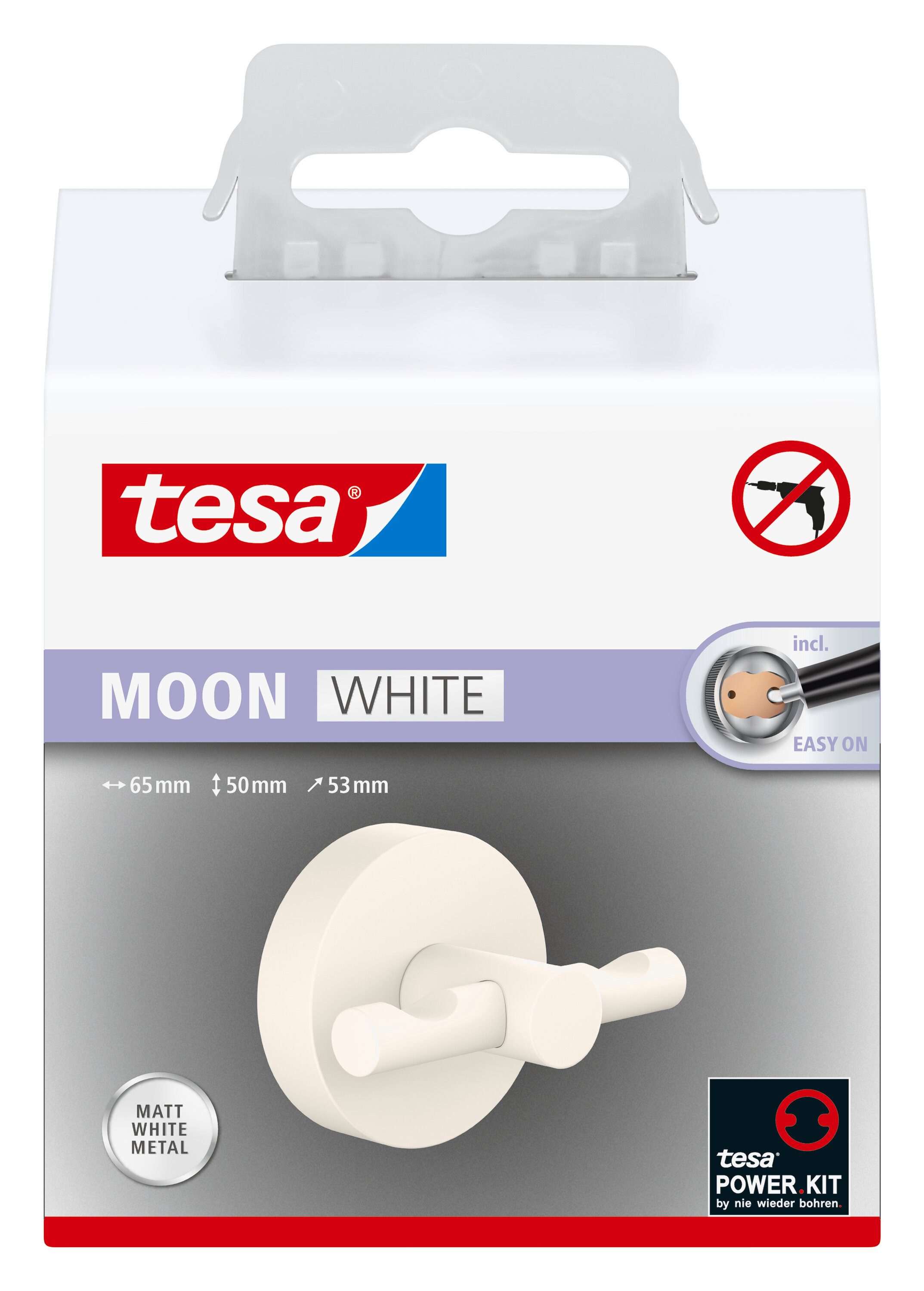 tesa Handtuchhaken MOON Bademantelhaken ohne Bohren - 5 cm : 6,5 cm : 5,3 cm, Badezimmer, Gäste-WC, Wandmontage, (Packung, 1-St., inkl. Klebelösung), selbstklebende Handtuchhalterung - weiß