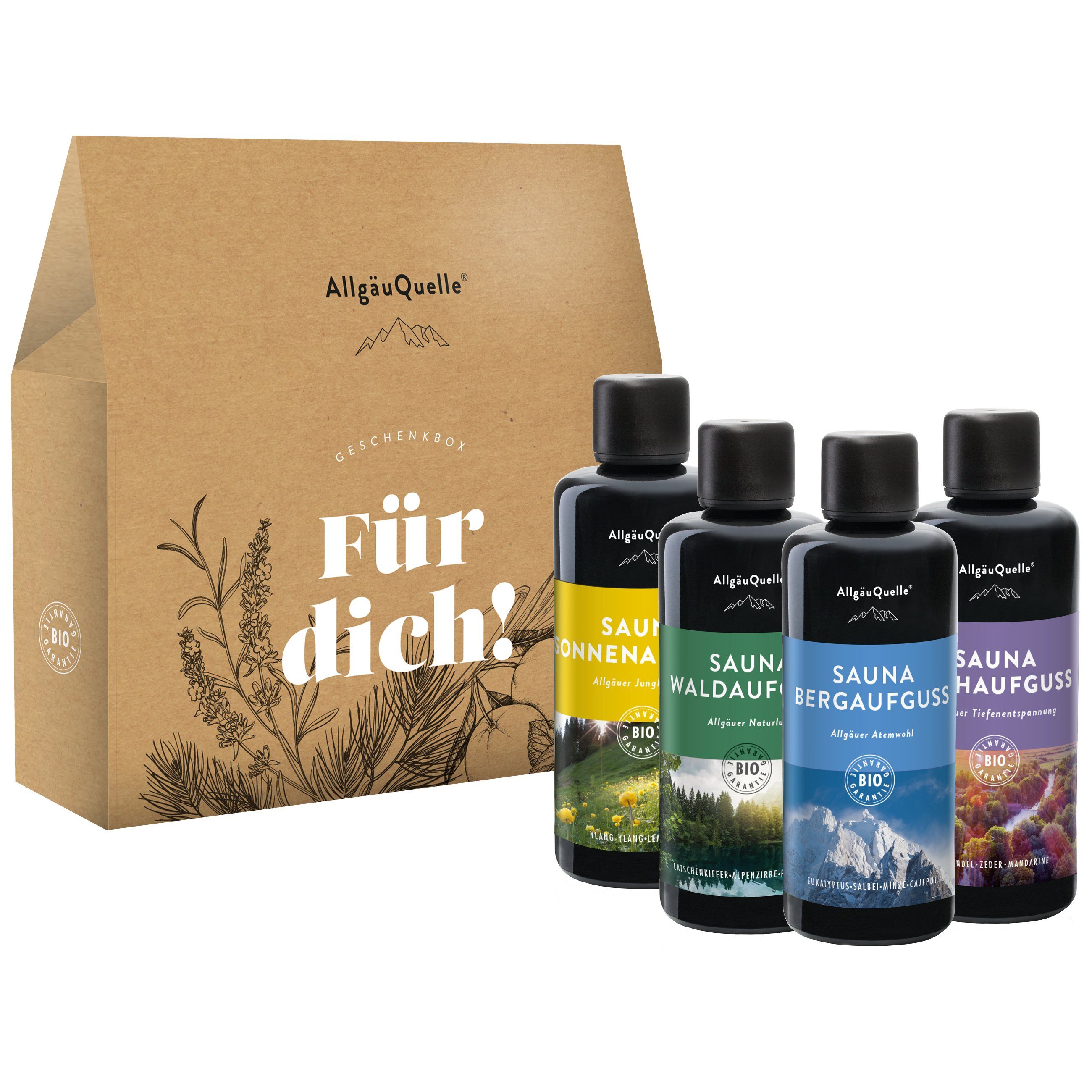 Allgäuquelle Sauna-Aufgussset BIO Saunaaufguss Konzentrat Saunaduft Fürdich 4er Set (4 x 100ml) Lemongrass,Zirbe,Fichte&Minze,Eukalyptus,Lavendel,Zeder&Mandarine
