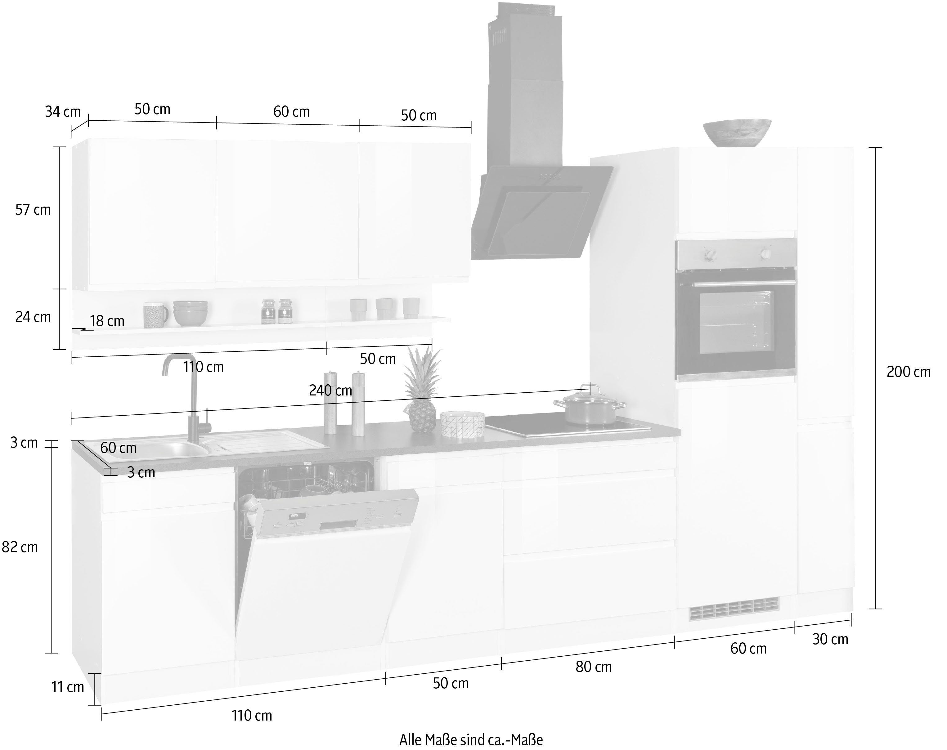 Küche 330 cm, Virginia, | Breite weiß hochglanz/eiche Hochglanz MÖBEL vintage HELD Eiche weiß mit E-Geräten | vintage