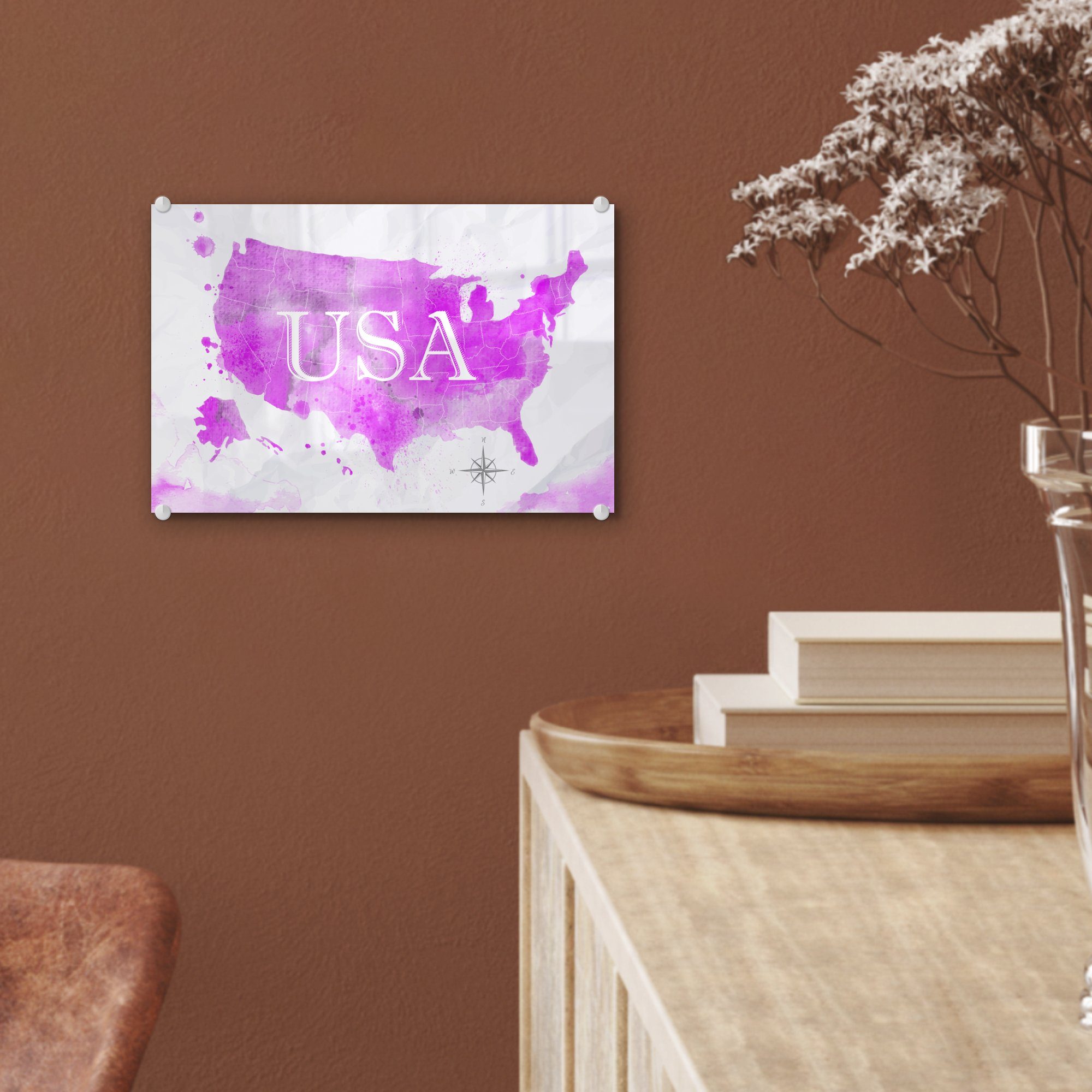 Glas MuchoWow Glasbilder Wandbild Wanddekoration Vereinigte auf Bilder Staaten, St), auf Acrylglasbild - (1 Rosa Glas - - Weltkarte Foto - -