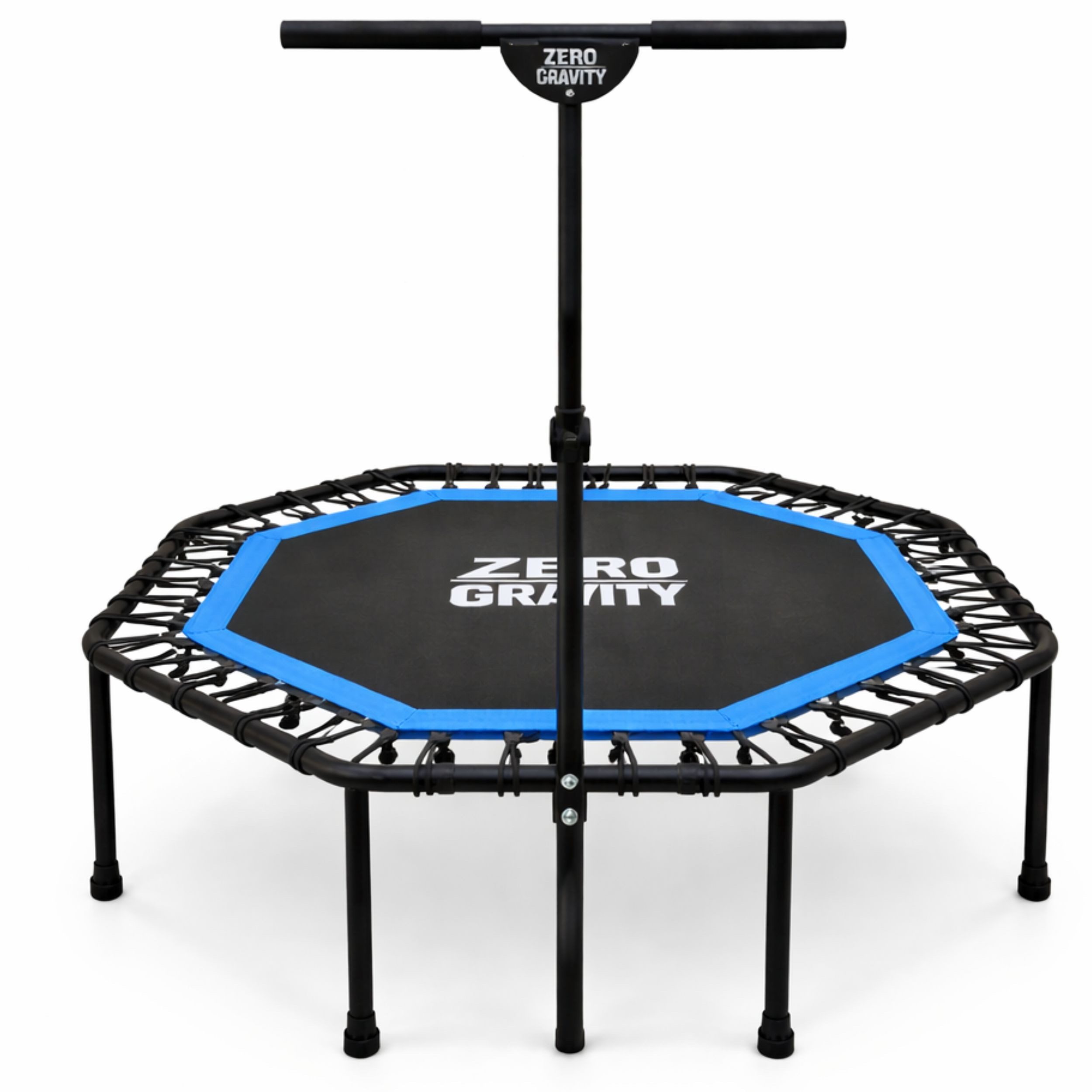 Zero Gravity Fitnesstrampolin mit großer Sprungfläche • Höhenverstellbarer Haltegriff • Bis 130kg, Ideal für Jumping Fitness, Leise Bungeeseilfederung, 9 Standbeine