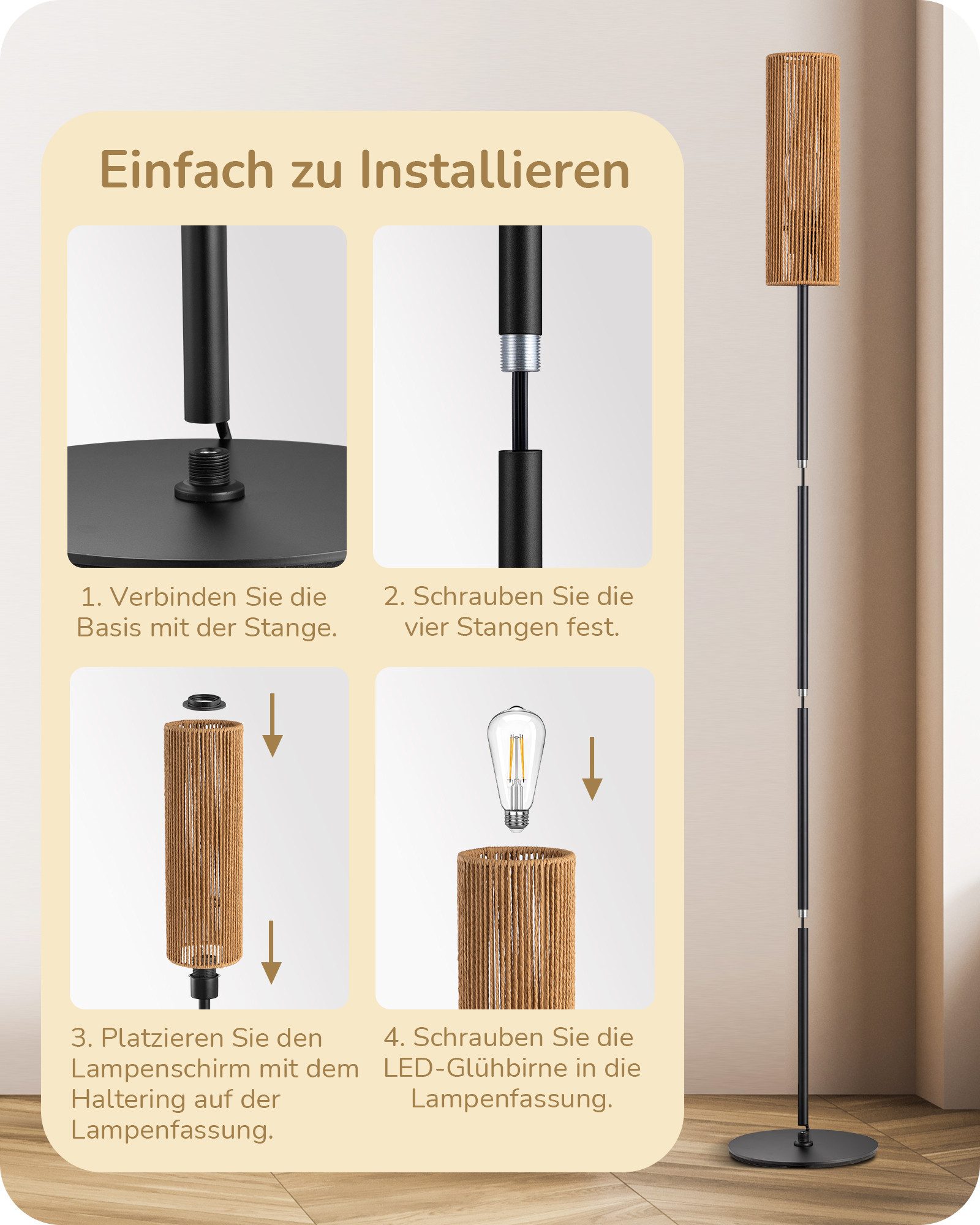 EDISHINE Stehlampe Wohnzimmer, LED wechselbar, warmweiß, Boho Stehlampe mit Lampenschirm aus gewebtem Seil