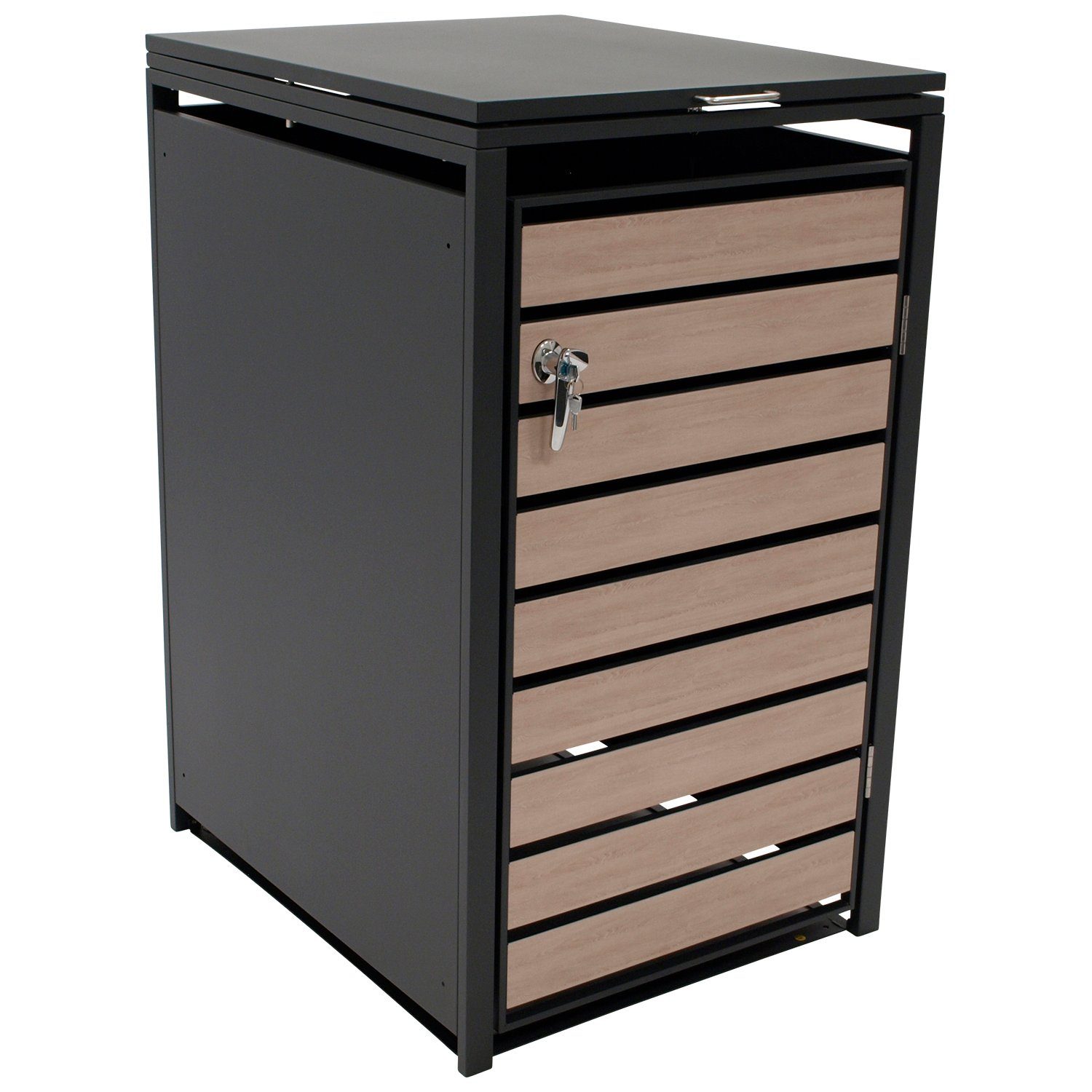 DEGAMO Mülltonnenbox BERLIN (1 St), Stahl grau, Türen Holzoptik, für 1 Tonne 120 oder 240 Liter