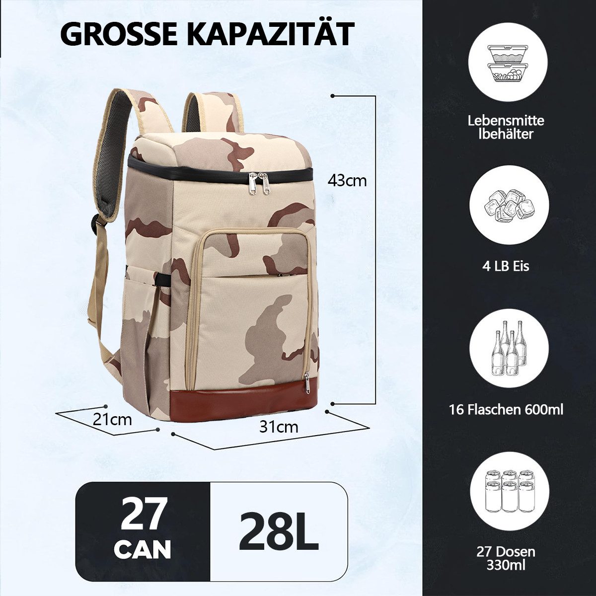 MOPUEA Picknickkorb 28L Kühlrucksack, isolierte Kühltasche für Picknick (Tragbar, faltbar, wasserdicht, Langlebiges und Wasserdichtes Material), Großes Fassungsvermögen für Outdoor-Aktivitäten
