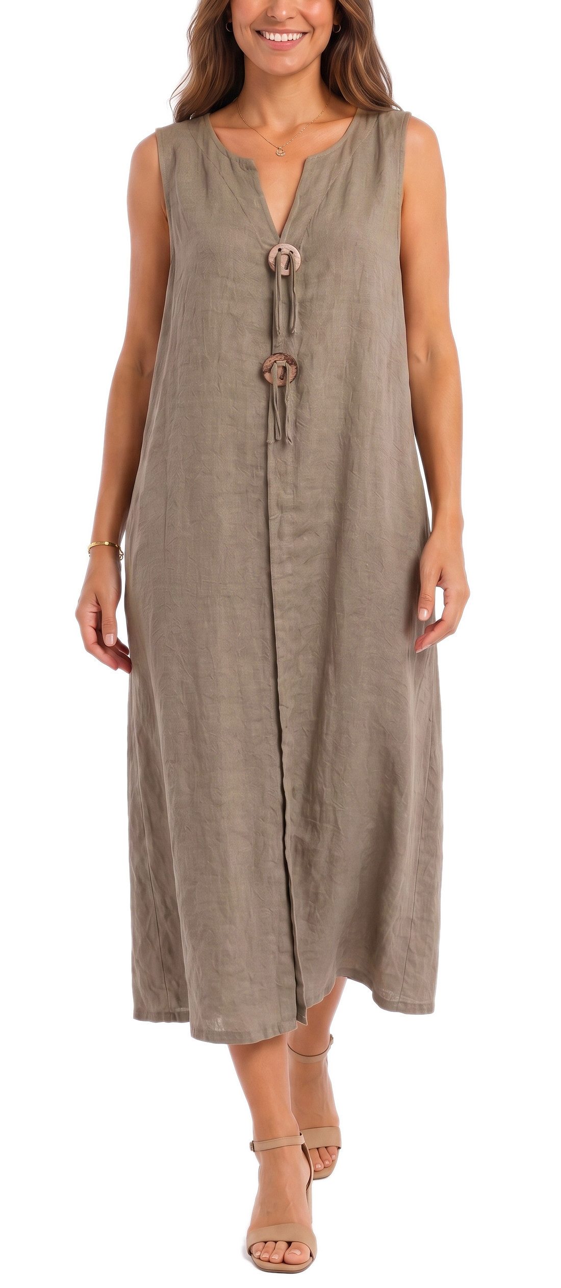 dy_mode Sommerkleid Damen Leinenkleid Luftiges Maxi Sommerkleid Strandkleid Damenkleid in Unifarbe, V-Ausschnitt, mit seitlichen Eingriffstaschen