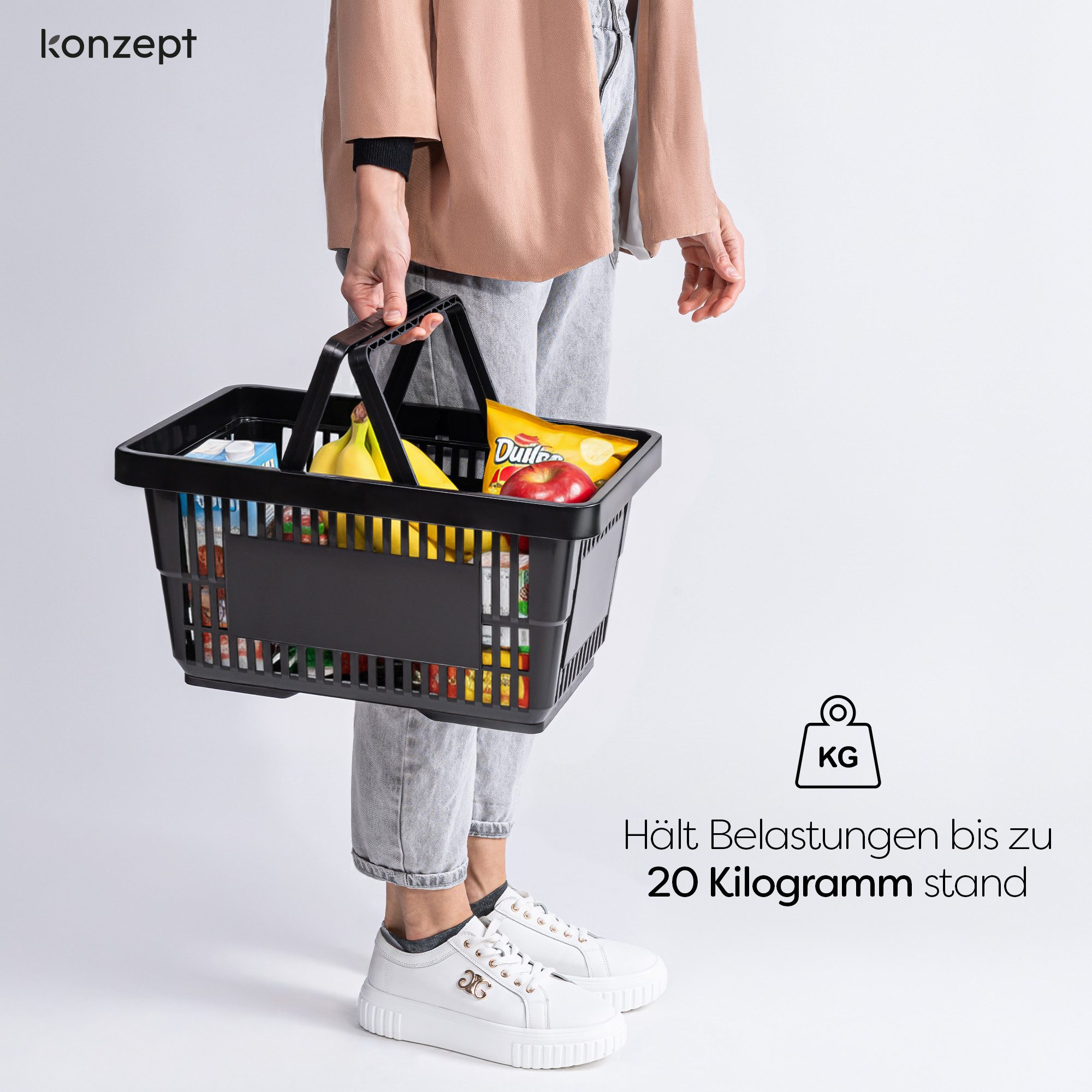 KONZEPT Einkaufskorb 22 L in Schwarz – vielseitiger mit 2 Henkel für Haushalt, Garten, ‎Bequeme Form, Griff, Großes Fassungsvermögen, Stapelfähig, Vielseitig