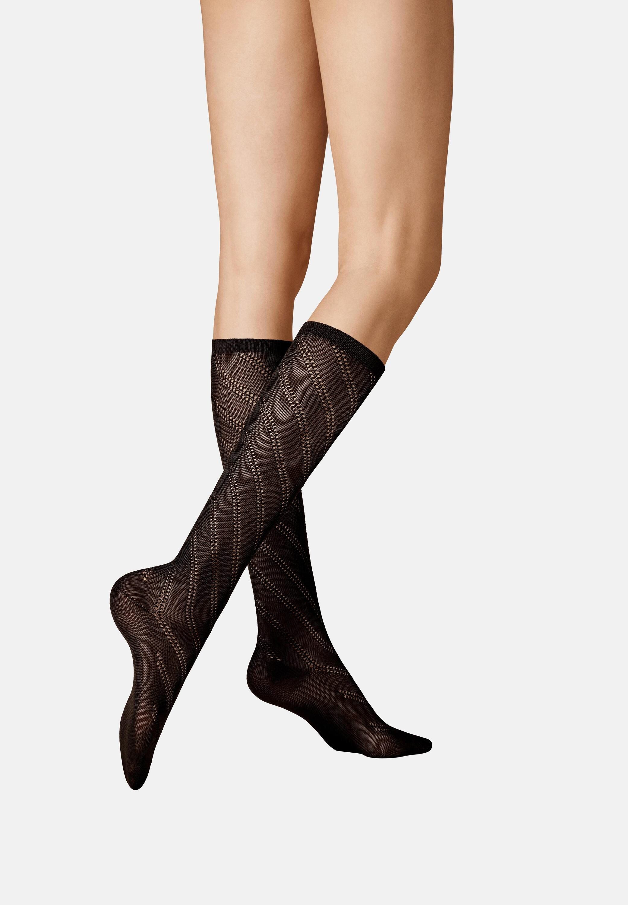 KUNERT Feinkniestrümpfe Diagonal Crochet (1-Paar) Kniestrümpfe mit diagonalem Häkelmuster