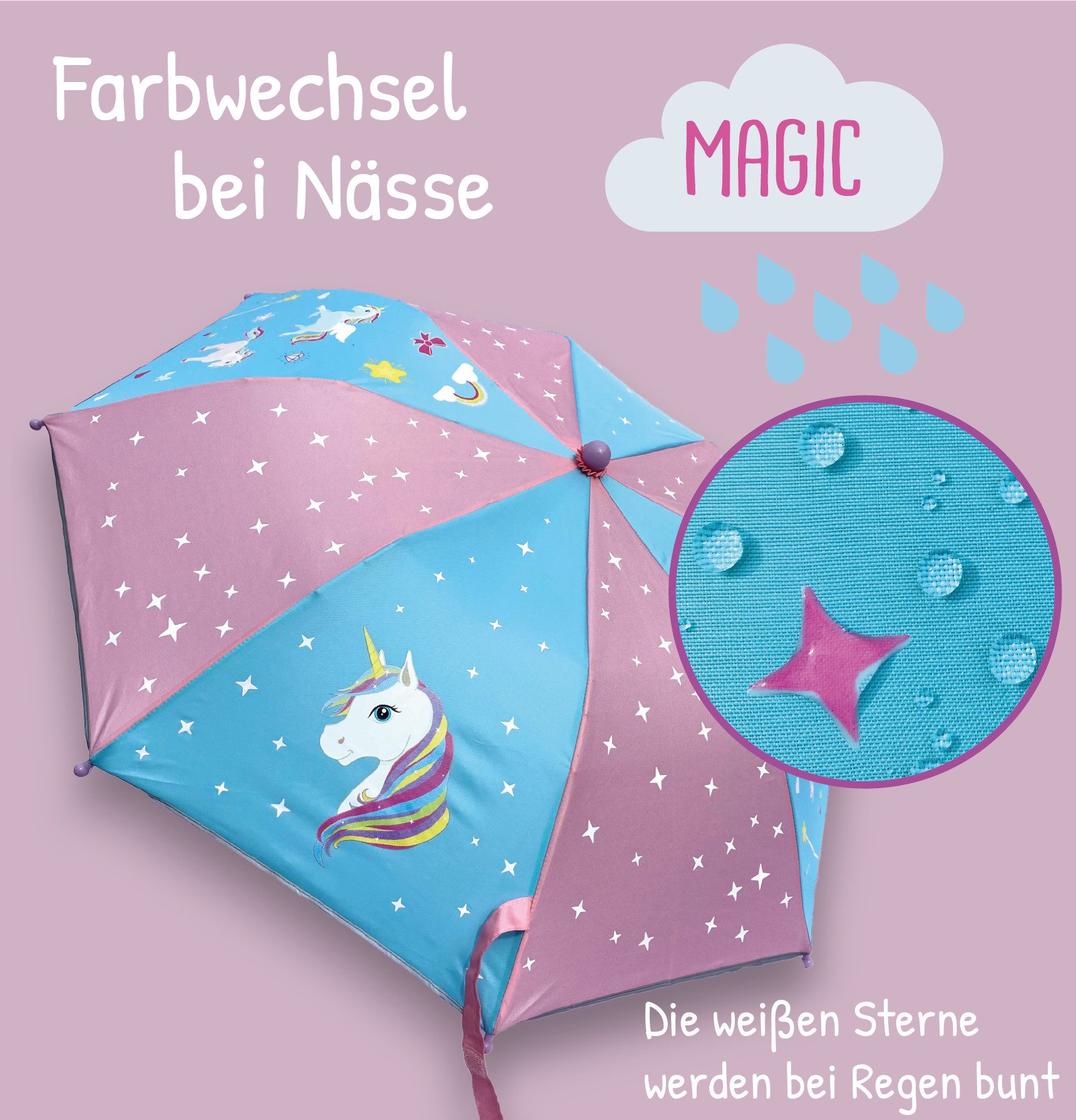 HECKBO Taschenregenschirm Magic Kinder Jungen Mädchen Regenschirm wechselt bei Regen die Farbe, mit Reflektoren an der Seite – Bild 2 von 5