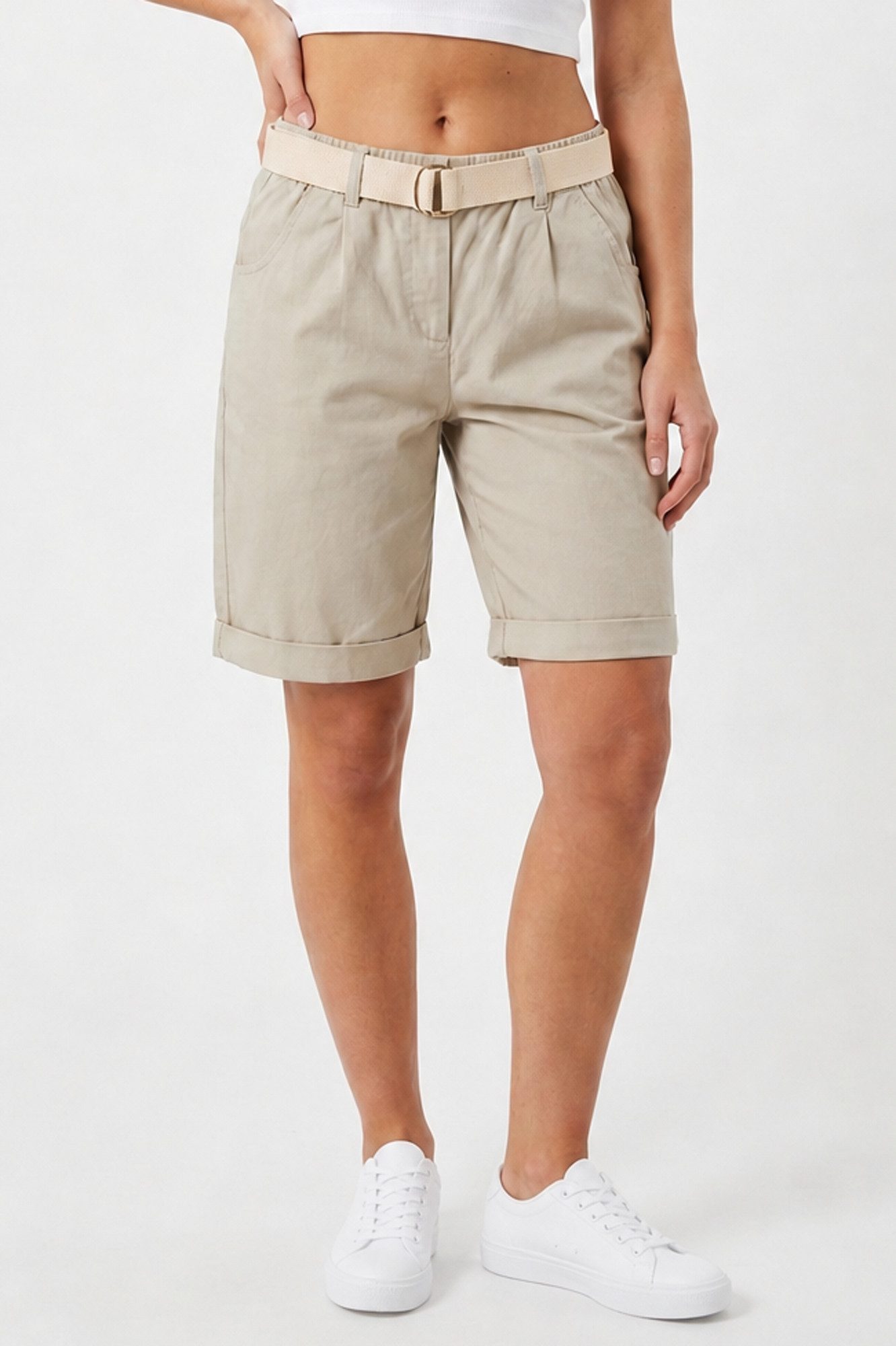 Kendindza Collection Chinoshorts Stretch Kurze Bermuda Shorts Damen Knielang Kurze Hose Damen Sommer Gummibund, Weiches Material, Loose Fit, weiter geschnitten