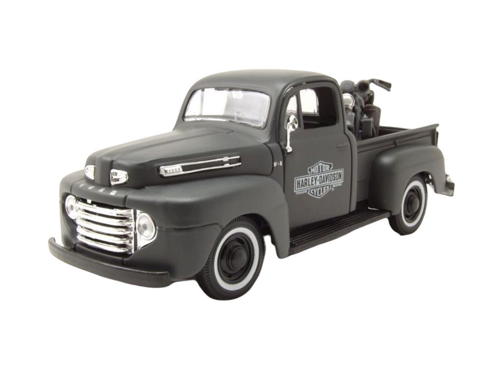 Maisto® Modellauto Ford F-1 US Army Pick Up 1948 grau + Harley Davidson WLA Flathead 1942, Maßstab 1:24