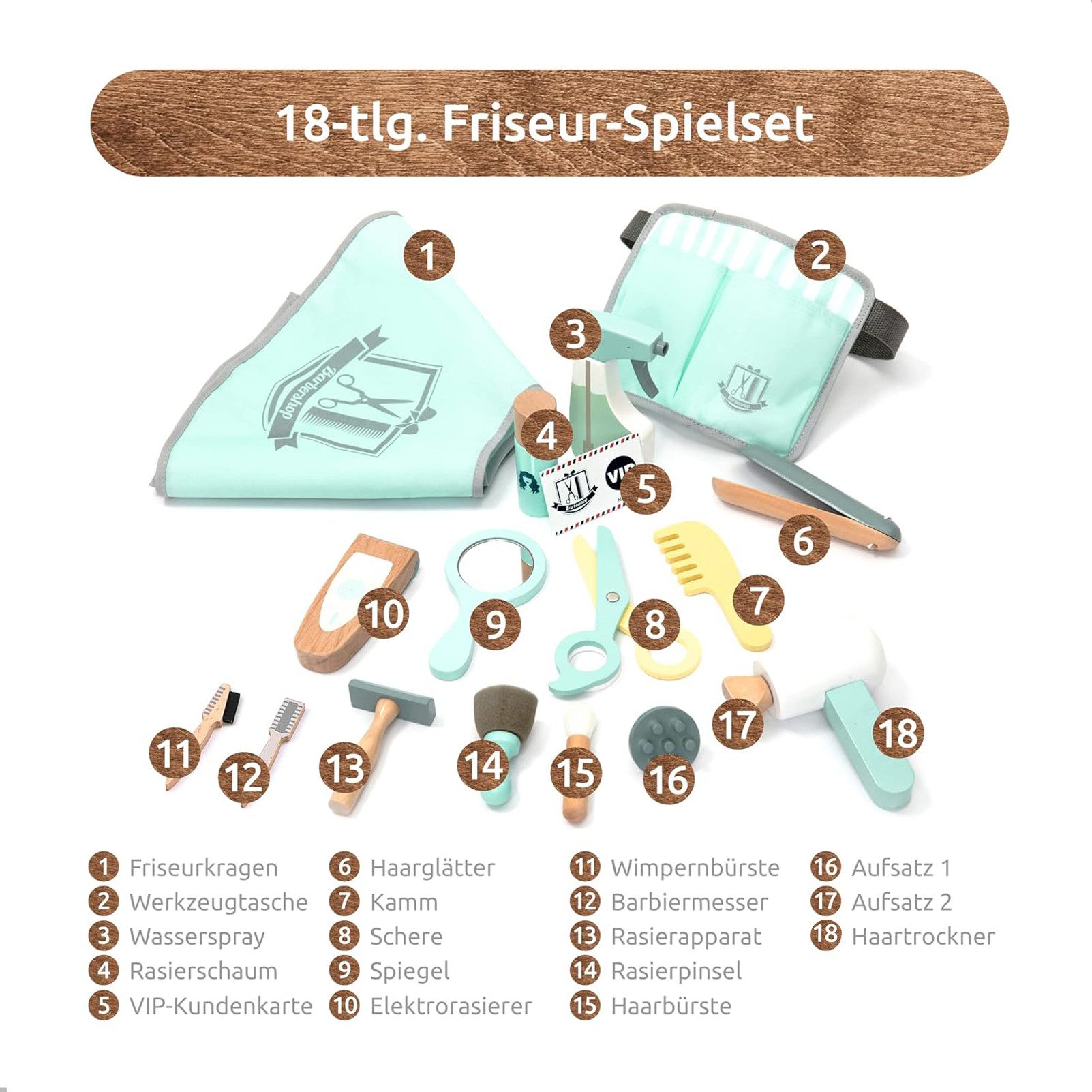Esun Spielzeug-Frisierkoffer Kinder Holz Friseur Spielset mit Tasche für Friseurwerkzeuge, 18 Stk Set, Spielzeug zum Rollenspiel für 3+ Jahre