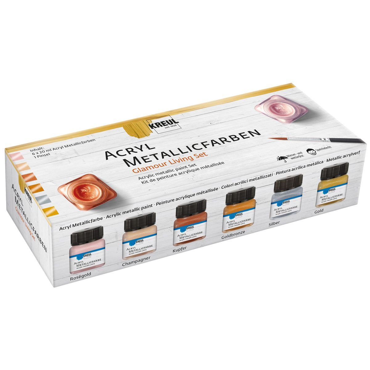 C. KREUL Acrylfarbe KREUL Acryl Metallicfarben Set Glamour Living mit Pinsel 6x20ml