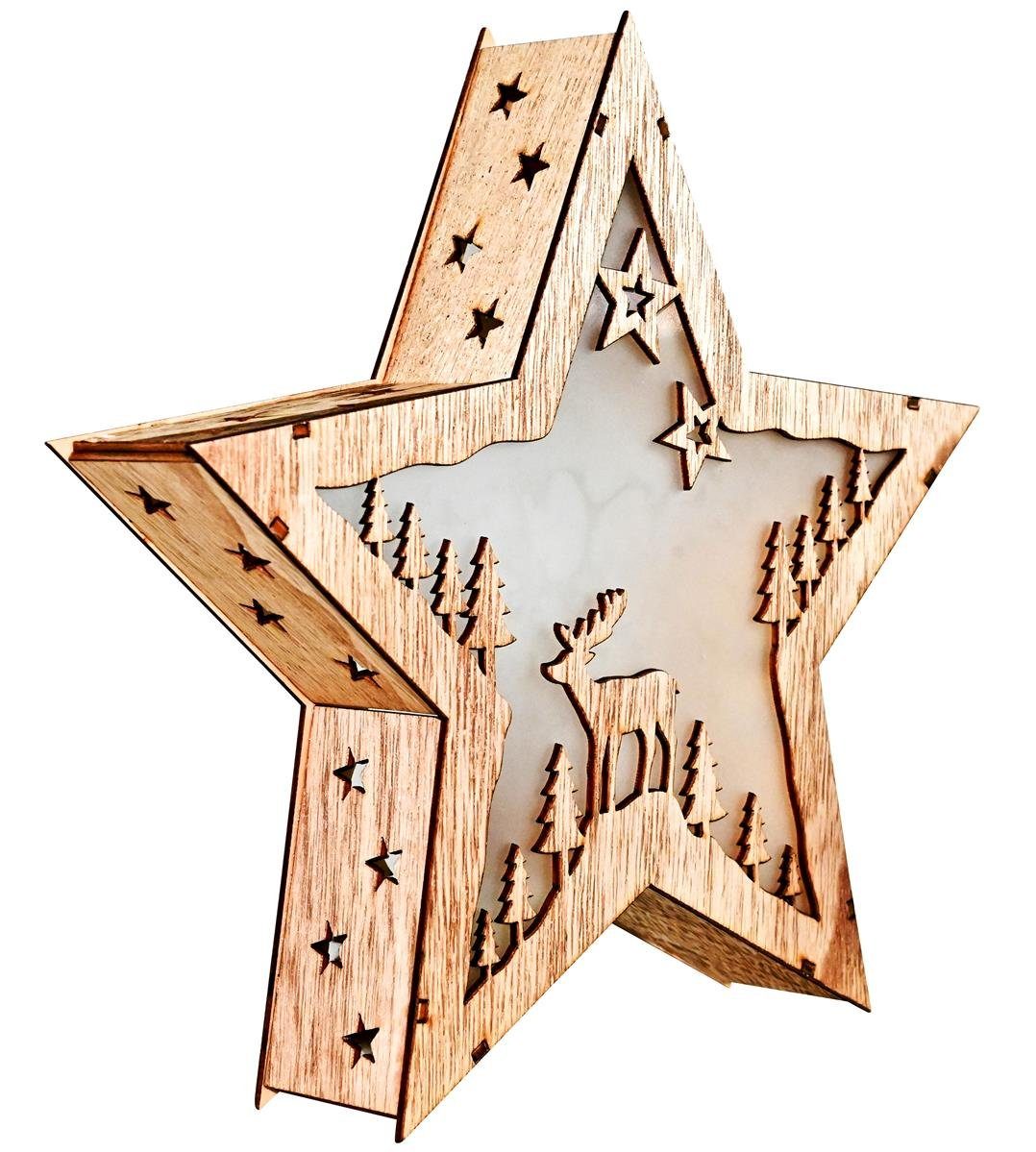 Bambelaa! LED Dekolicht Weihnachtsstern Holz Hologramm LED Dekoration batteriebetrieben 30cm, LED, Warmweiß