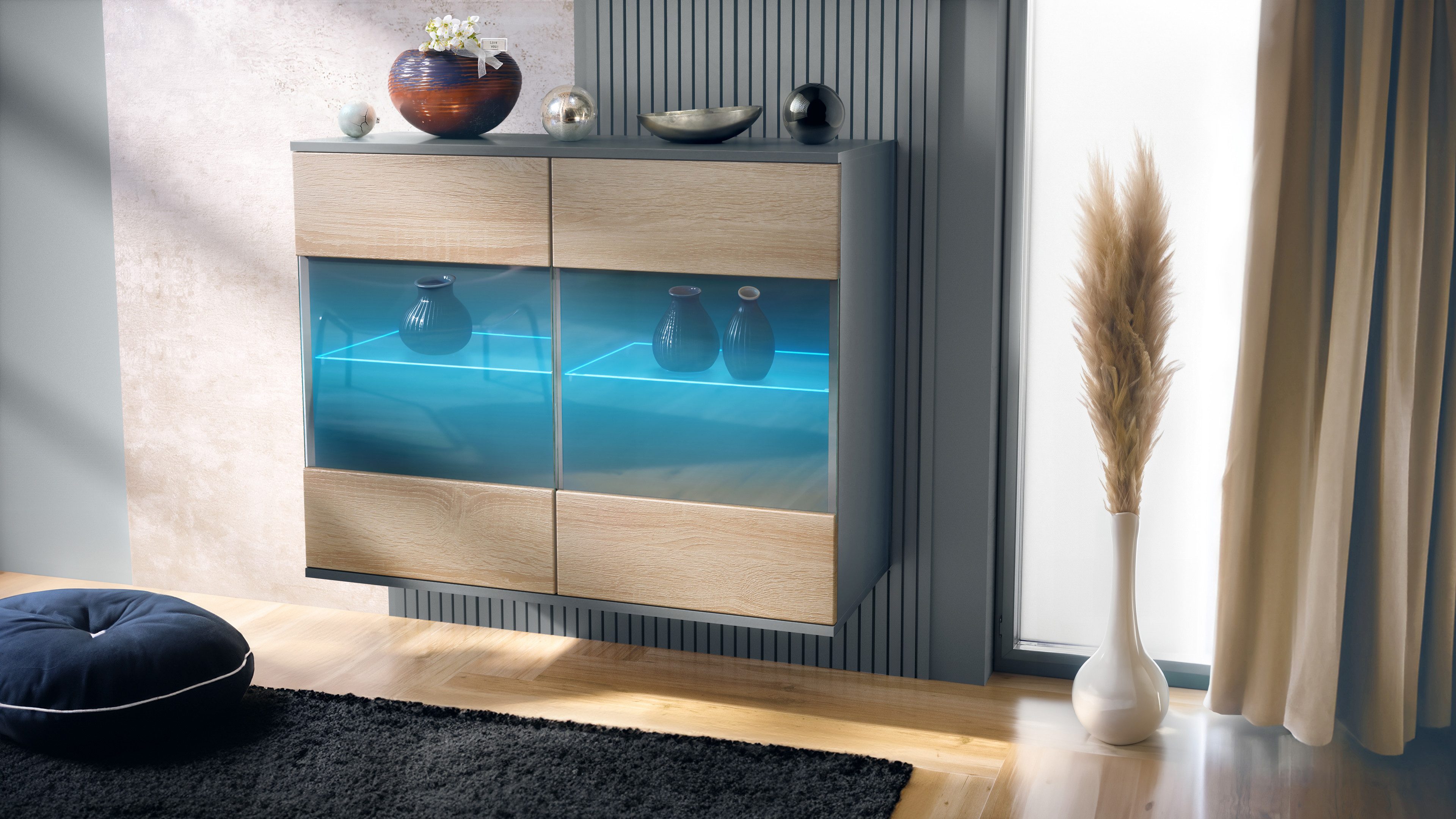 Vladon Kommode Bari V3 (Moderner Küchenschrank, mit 2 großen Glastüren inkl. RGB Beleuchtung), Anthrazit matt / Eiche sägerau (92,5 x 73.5 x 35)