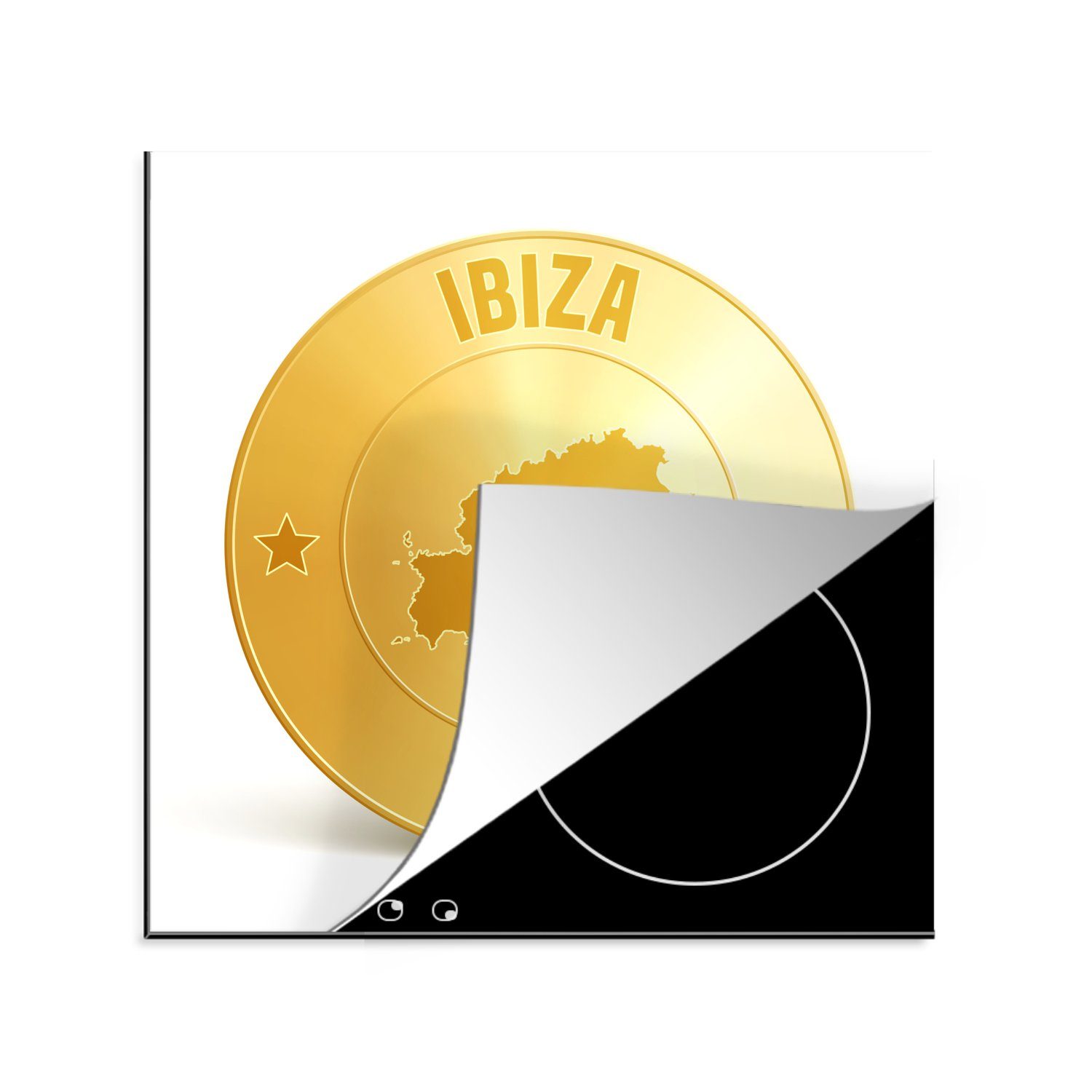 MuchoWow Herdblende-/Abdeckplatte Illustration einer Goldmünze aus Ibiza, Vinyl, (1 tlg), 78x78 cm, Ceranfeldabdeckung, Arbeitsplatte für küche