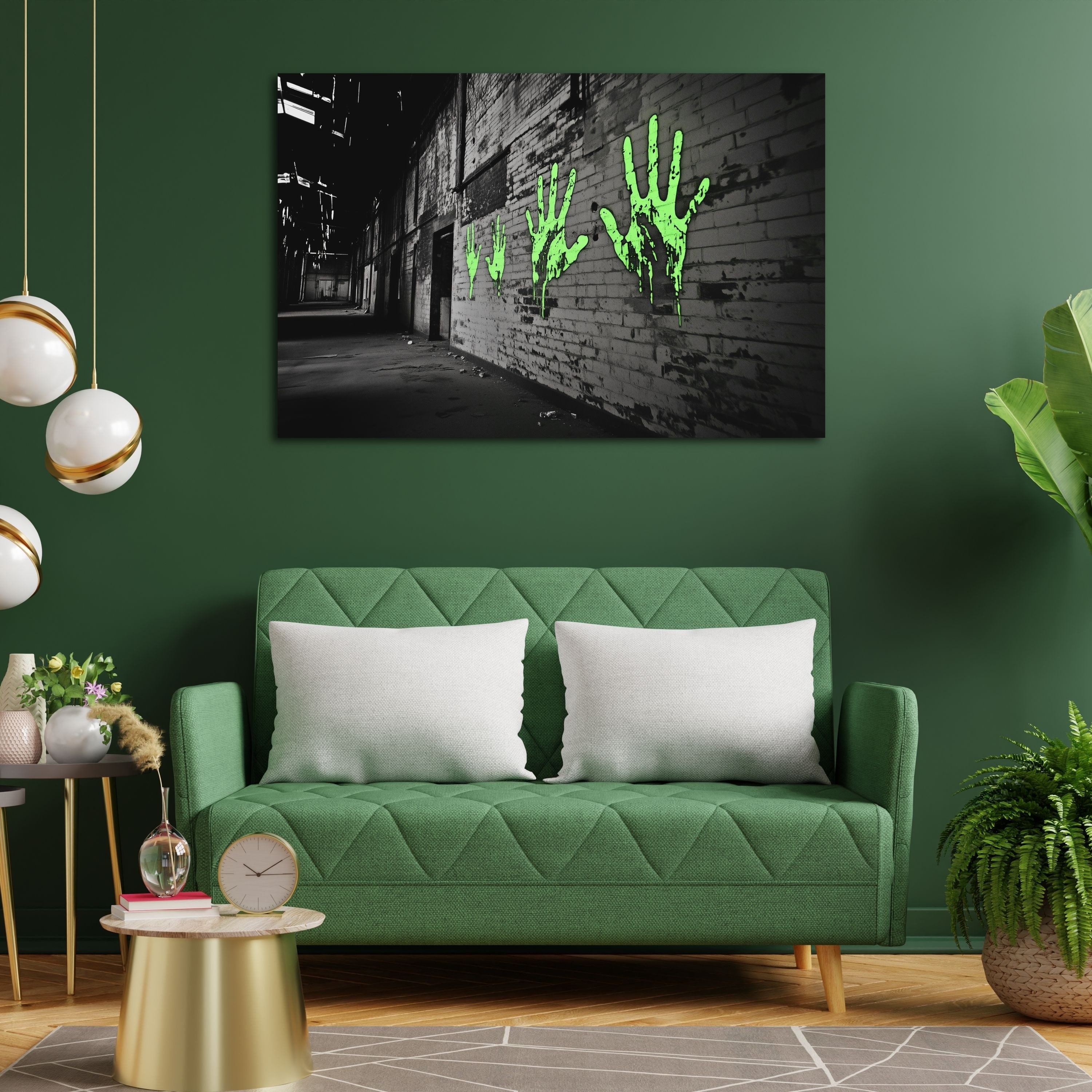 DARO Design Leinwandbild Modern Abstrakt Wandbilder XXL Wandbild Wand Deko Leinwand Bilder, (grüne Handabdrücke - Bild Groß Wohnzimmer Schlafzimmer Küche Esszimmer Einteilig Querformat Fotodruck Leinwände Wanddeko Abstrakte Kunst Boho), 30x20cm